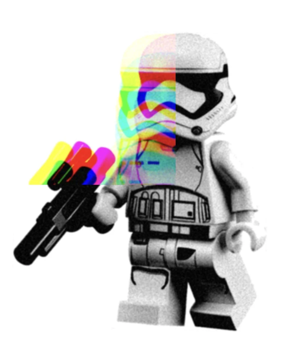 A LEGO figure dressed as a Star Wars stormtrooper holding a blaster, with a glitch effect showing colorful, displaced layers over the figure.