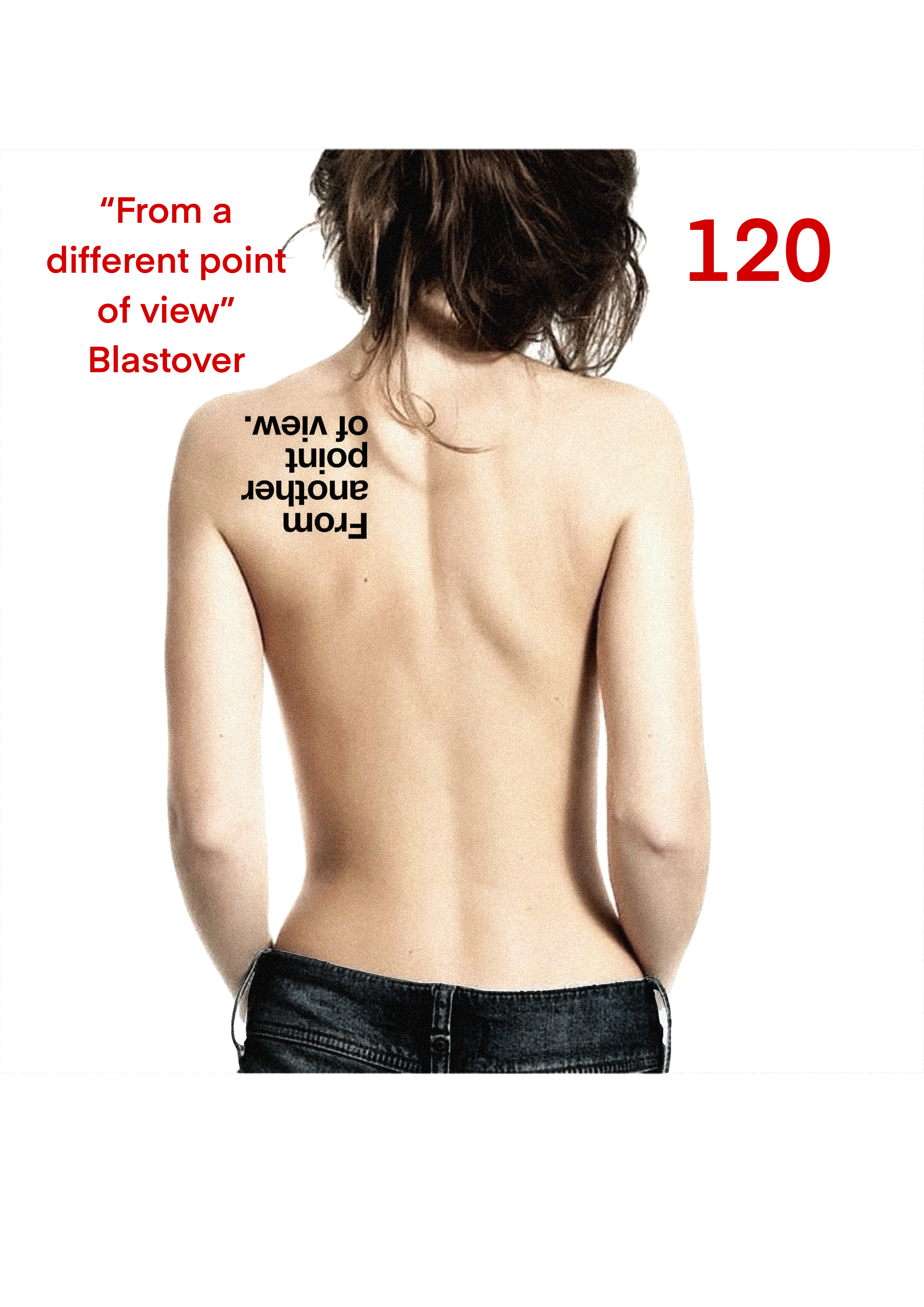 Back view of a woman with short brown hair, topless, wearing dark jeans, with red and black text overlaid and a white background.