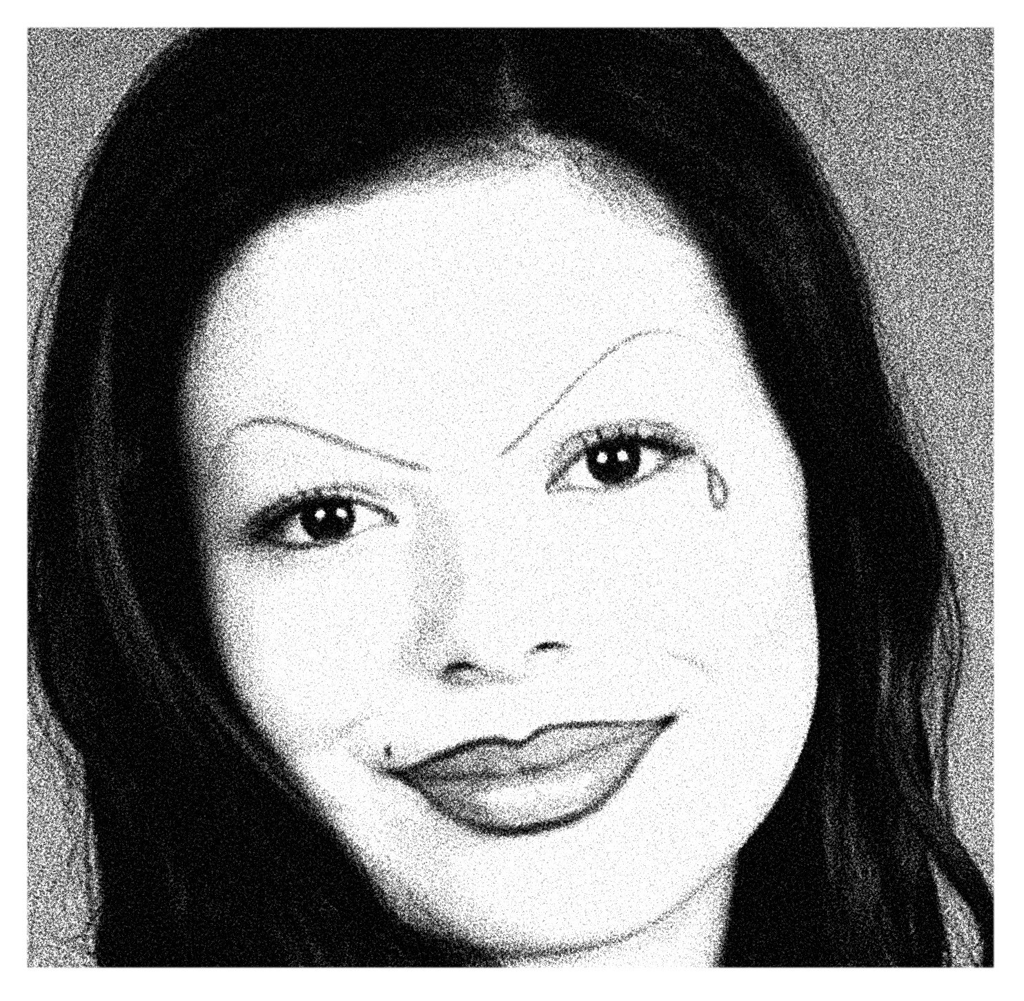 Black and white portrait of a woman with dark hair, smiling, with a tear drawing under her left eye, and a beauty mark near her lips.