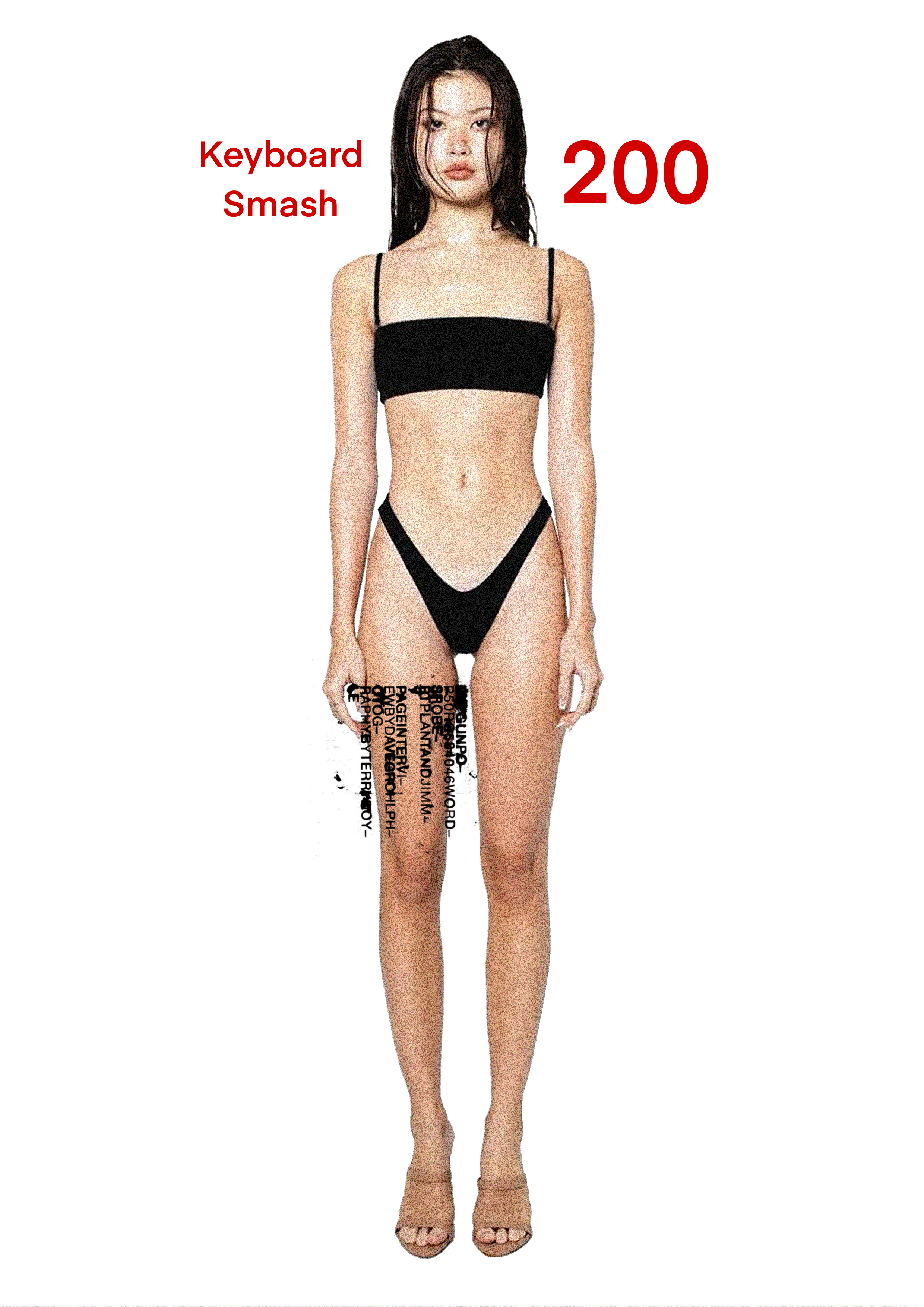 A woman wearing black lingerie standing against a white background, with red text that reads "Keyboard Smash 200."