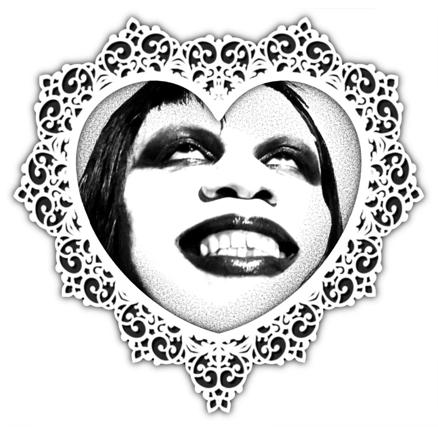 Black and white photo of a woman's face with makeup, smiling with teeth visible, inside a heart-shaped ornate paper cutout frame.