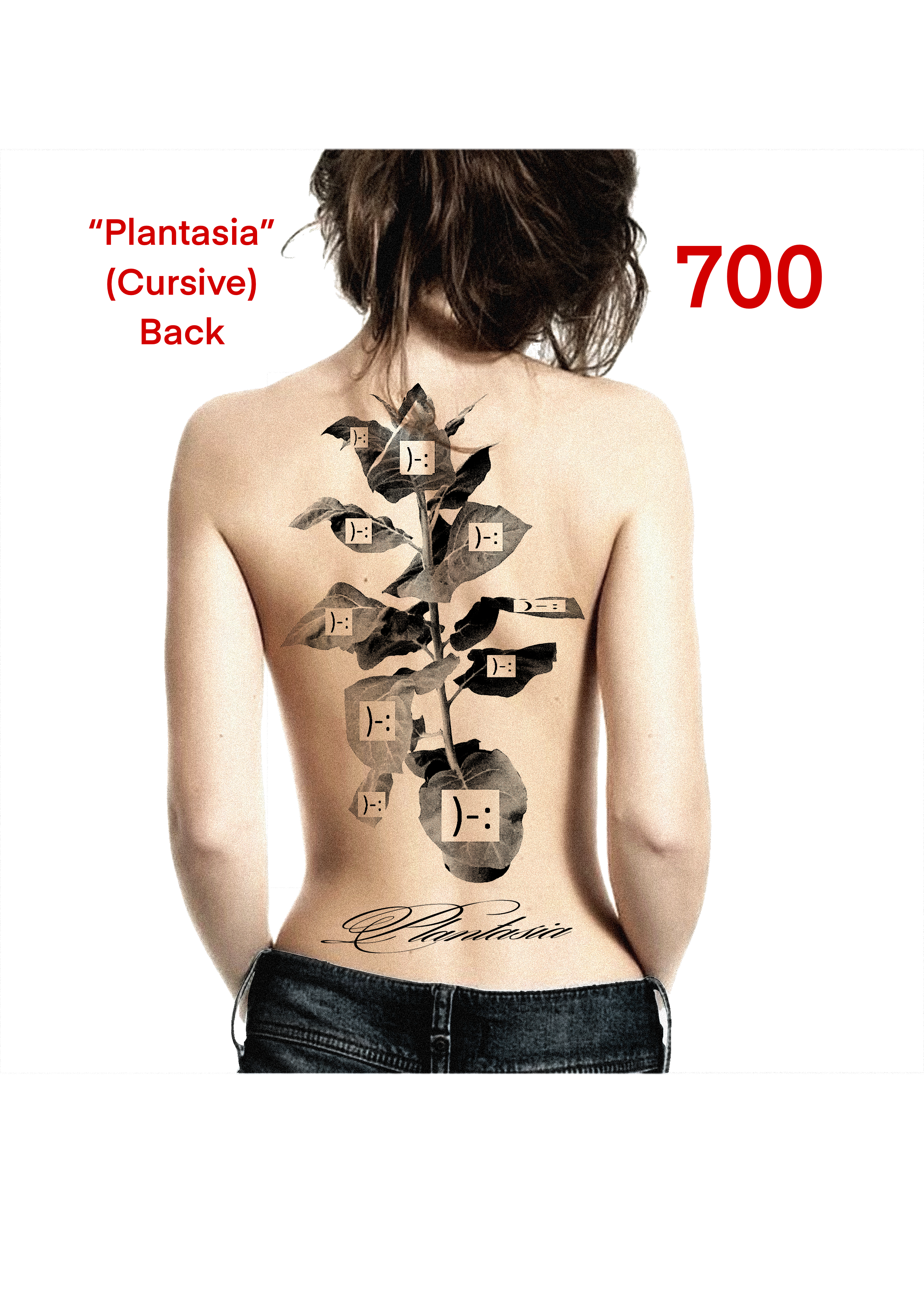 Back tattoo of a rose with leaves and the word 'Plantasia' in cursive text on a woman's lower back.