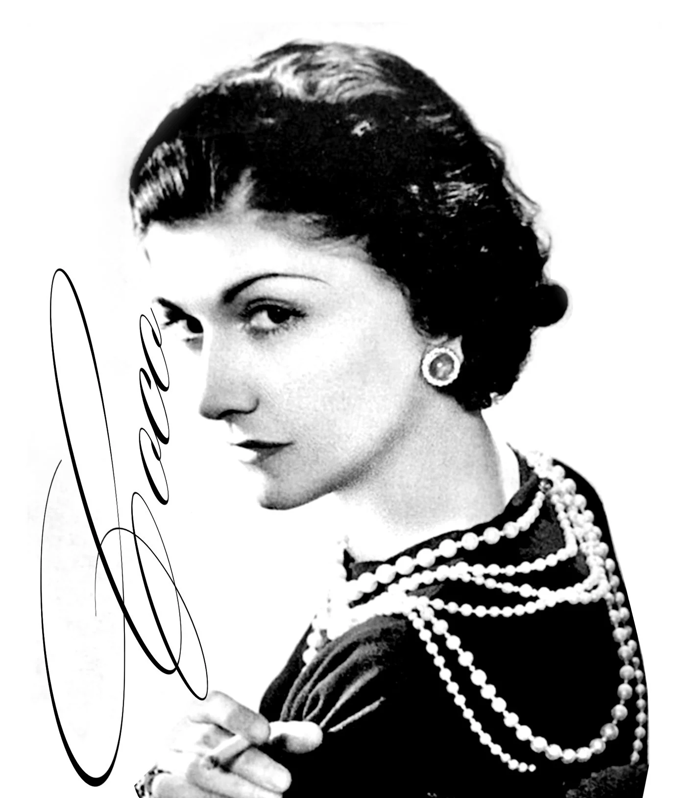 Black and white portrait of a woman with short dark hair, wearing pearl jewelry and a dark outfit, holding a sign with the word 'Hello' in cursive.