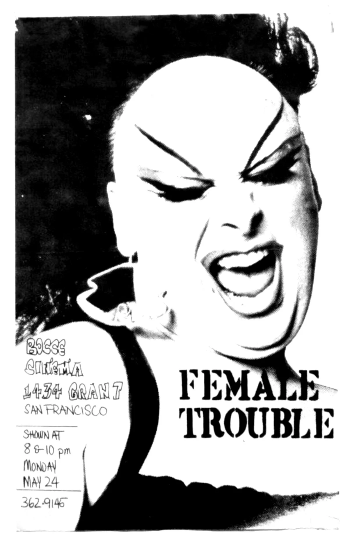 Poster for a performance by the band Female Trouble at the 1434 Gran7 in San Francisco, showing a woman with exaggerated facial expression and bold makeup.