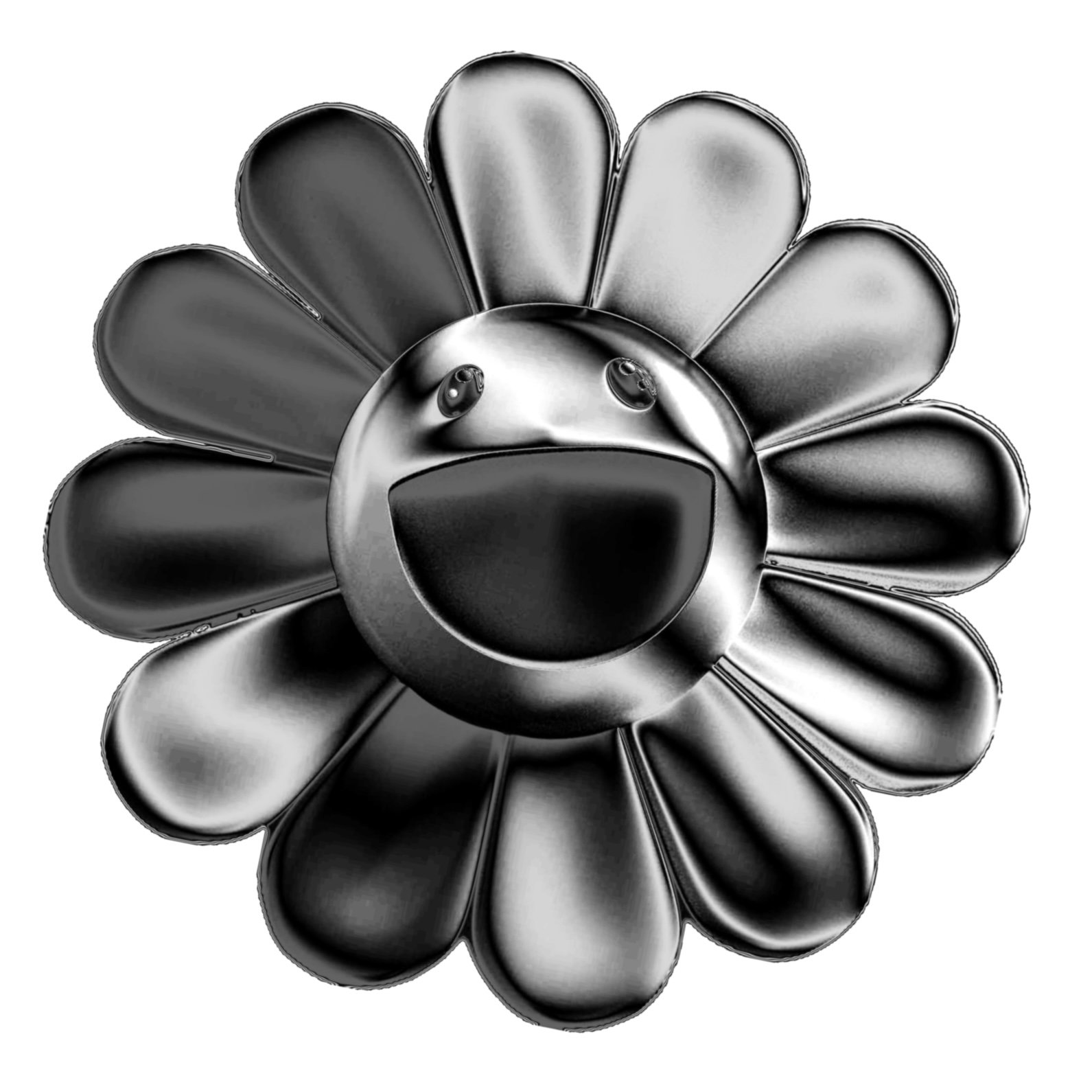 Black and white digital illustration of a flower with a smiley face in the center, surrounded by petal shapes.