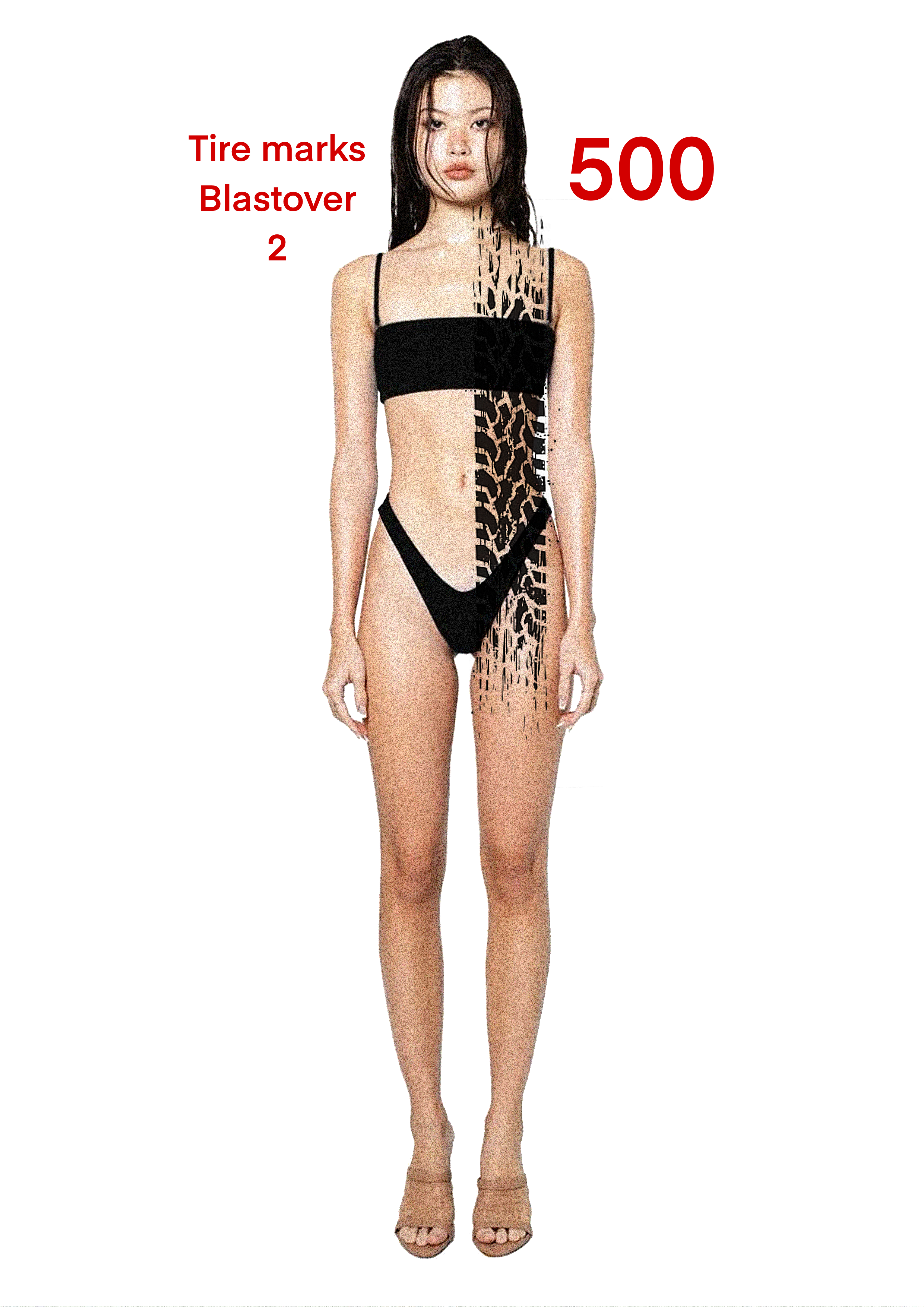 A woman wearing a black bikini with tire mark and blaster patterns, standing on a white background with red text indicating tire marks, blaster, 2, and the number 500.