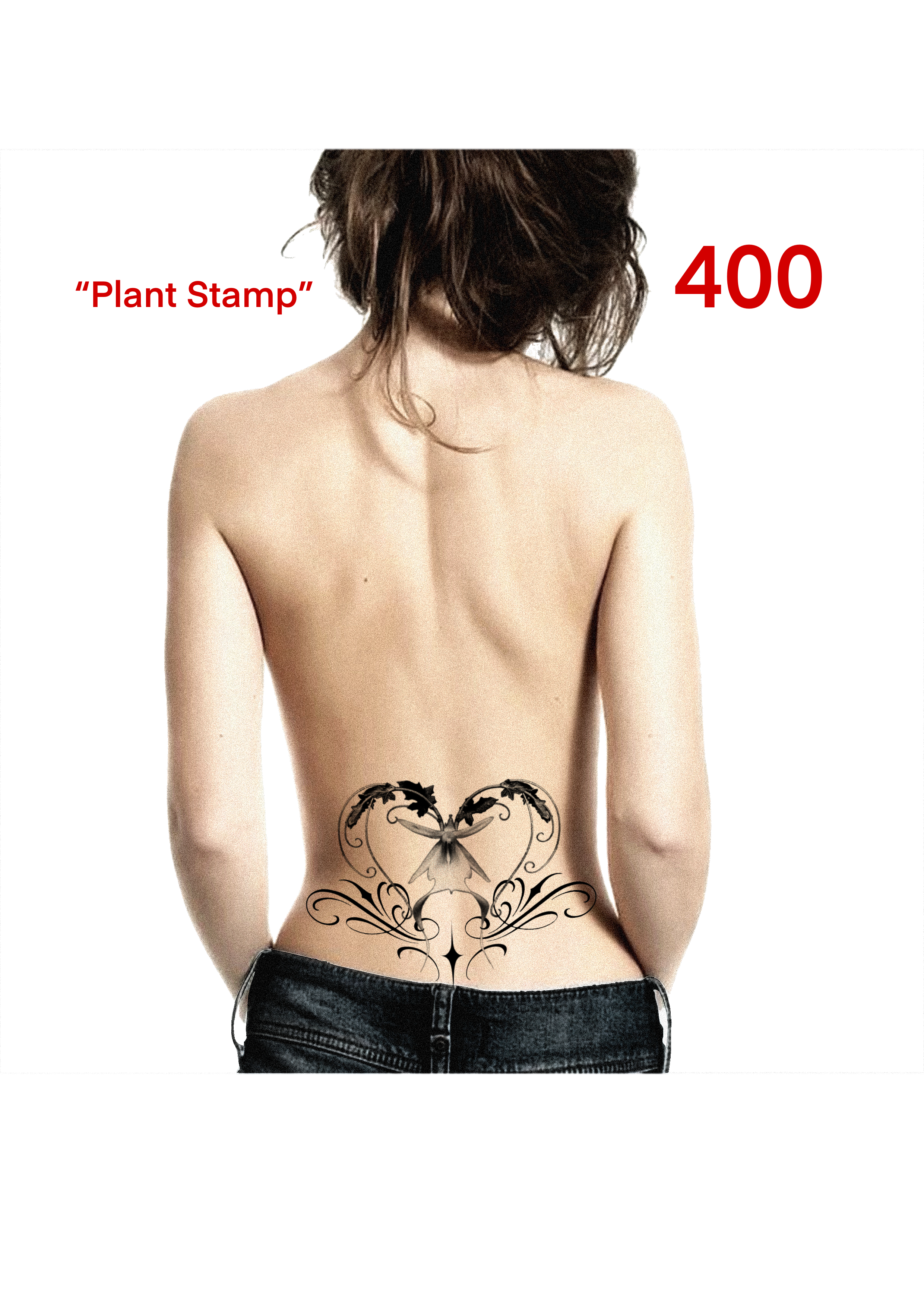 Back view of a woman with a tattoo of a heart with floral and butterfly design on her lower back, wearing black jeans.
