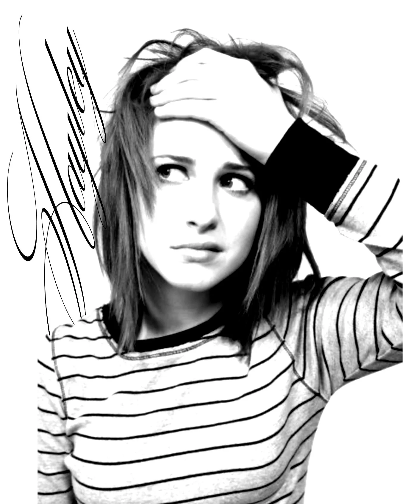 Black-and-white photo of a woman with shoulder-length hair, wearing a striped shirt, holding her forehead with one hand, with the words 'Challenging' written in cursive on the left side.