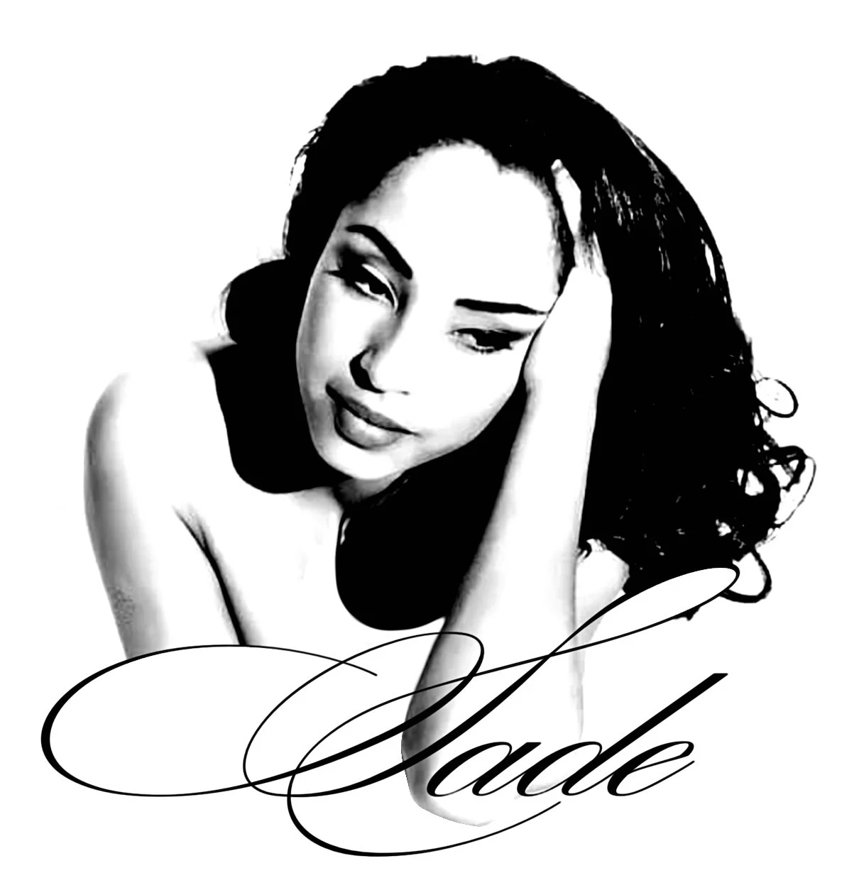 Black and white portrait of a woman with long hair, resting her head on her hand. The word "Blade" is written in cursive at the bottom.