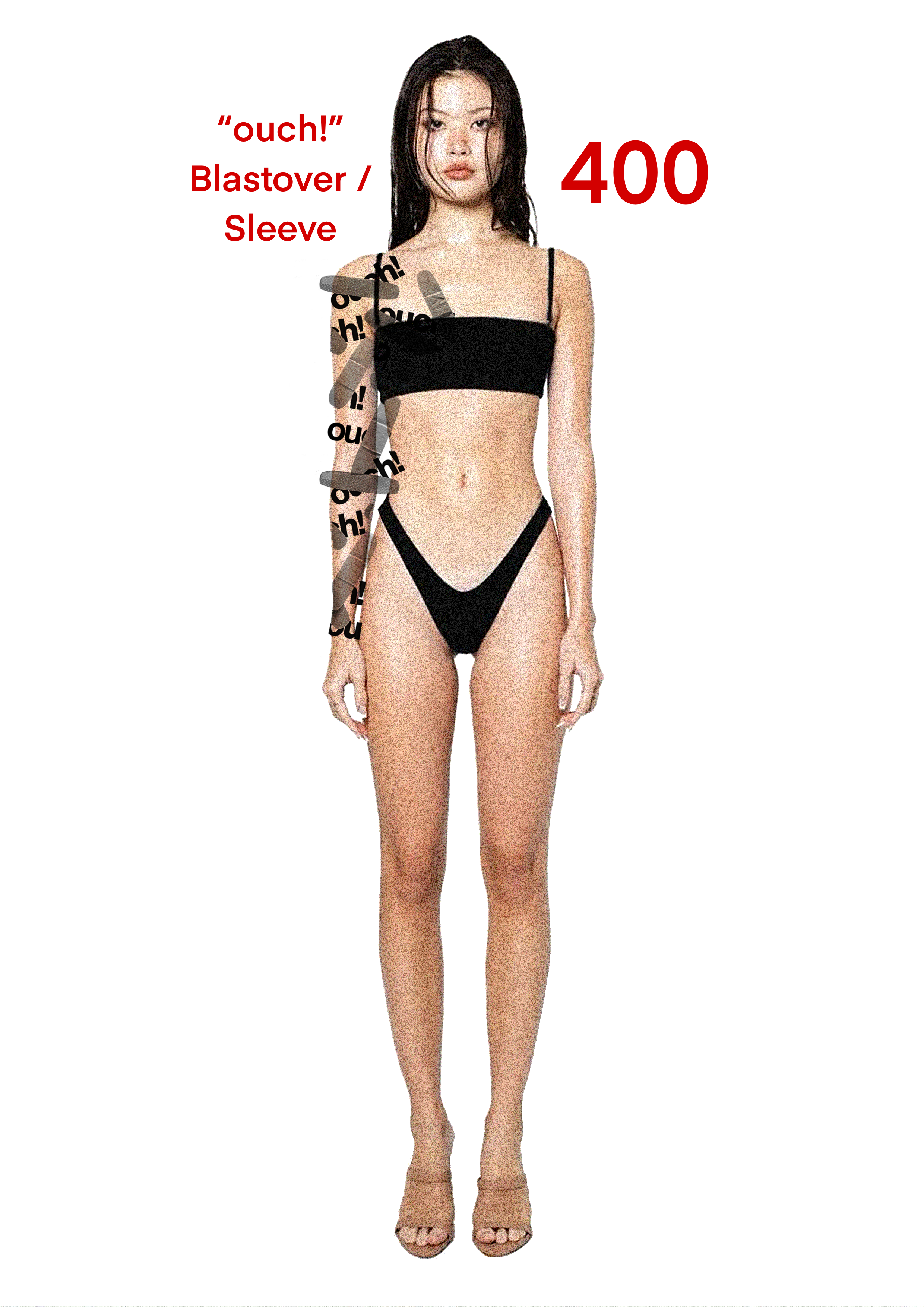 A woman in a black bikini with text overlay and tape on her arm. Text includes "ouch!" Blastover and Sleeve, and the number 400.