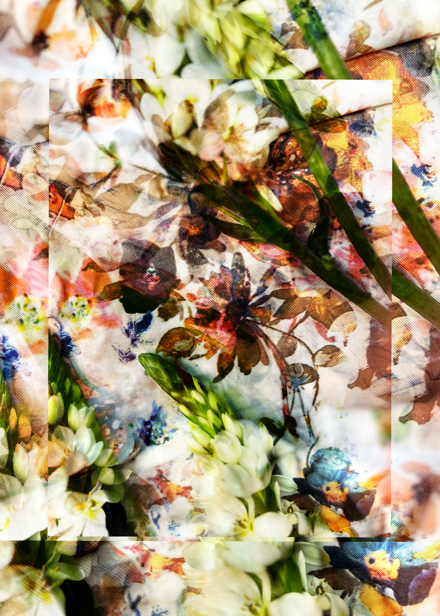 Abstract collage with flowers and leaves, featuring vibrant colors and overlapping layers.