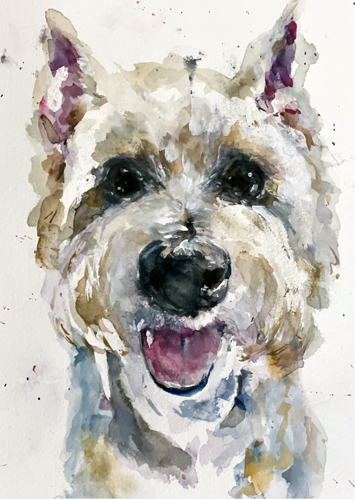 Watercolor painting of a happy dog with pointy ears and a pink tongue.