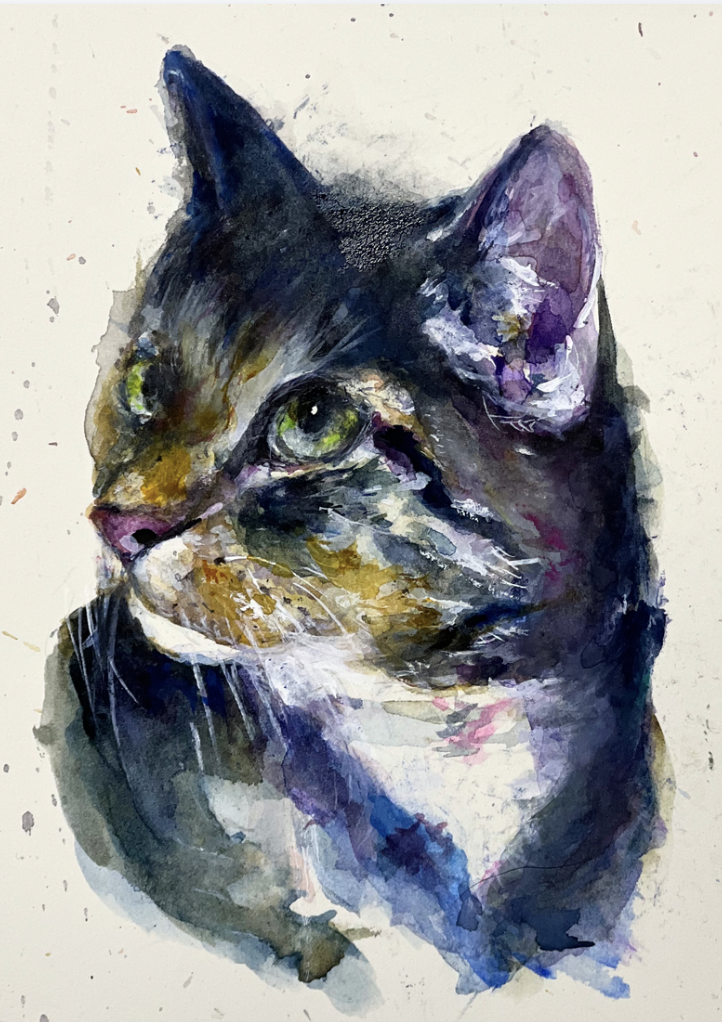 Watercolor painting of a tabby cat with green eyes and intricate details.