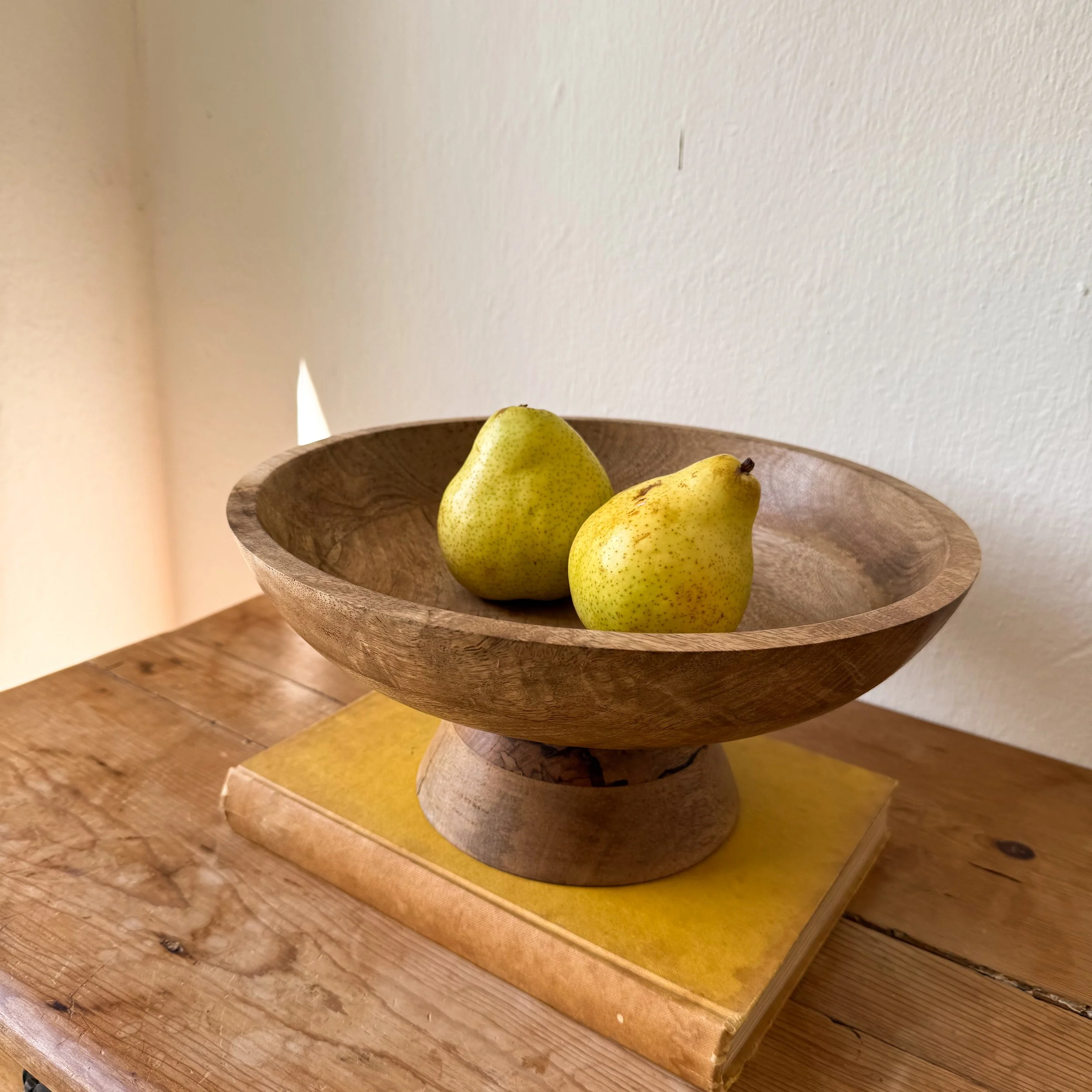 12-inch mango wood pedestal fruit bowl centrepiece by Sukha Space