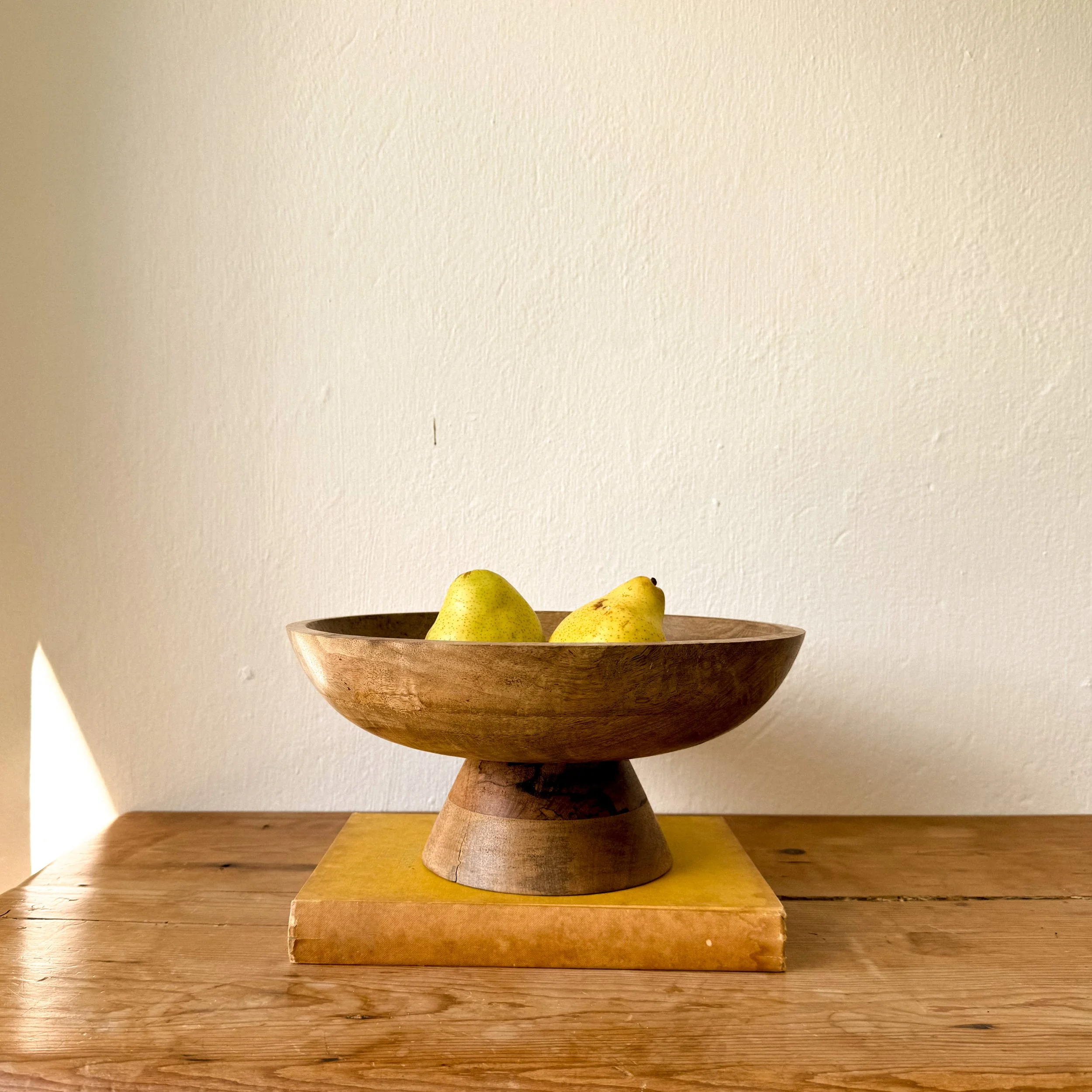 12-inch mango wood pedestal fruit bowl centrepiece by Sukha Space