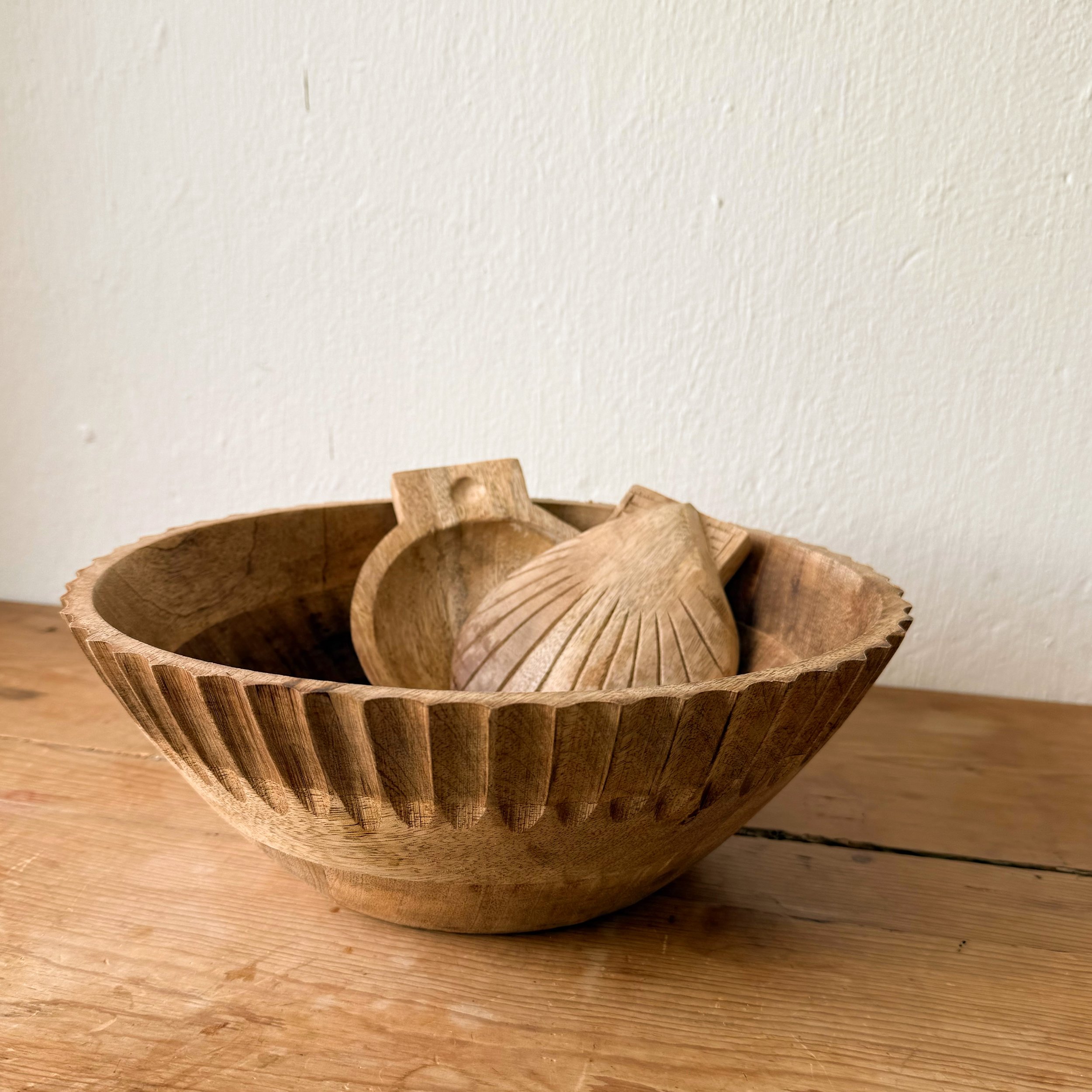 12-inch mango wood salad bowl with matching shell salad servers by Sukha Space