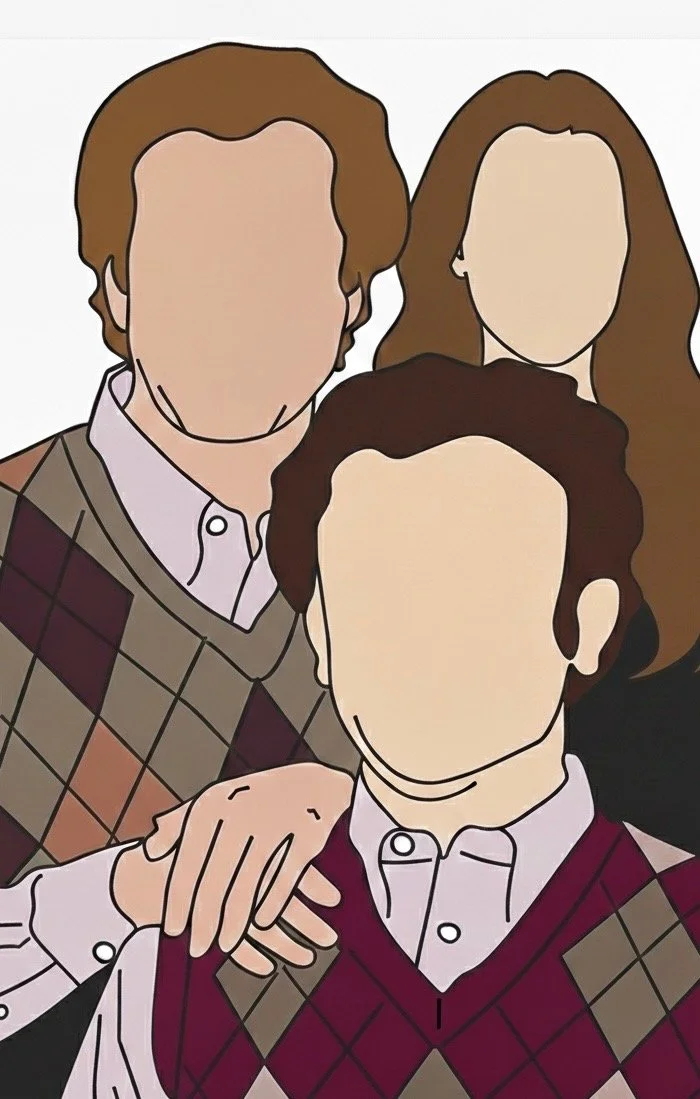 Illustration of three faceless people with their arms around each other, wearing sweaters with argyle patterns in a minimalist style.