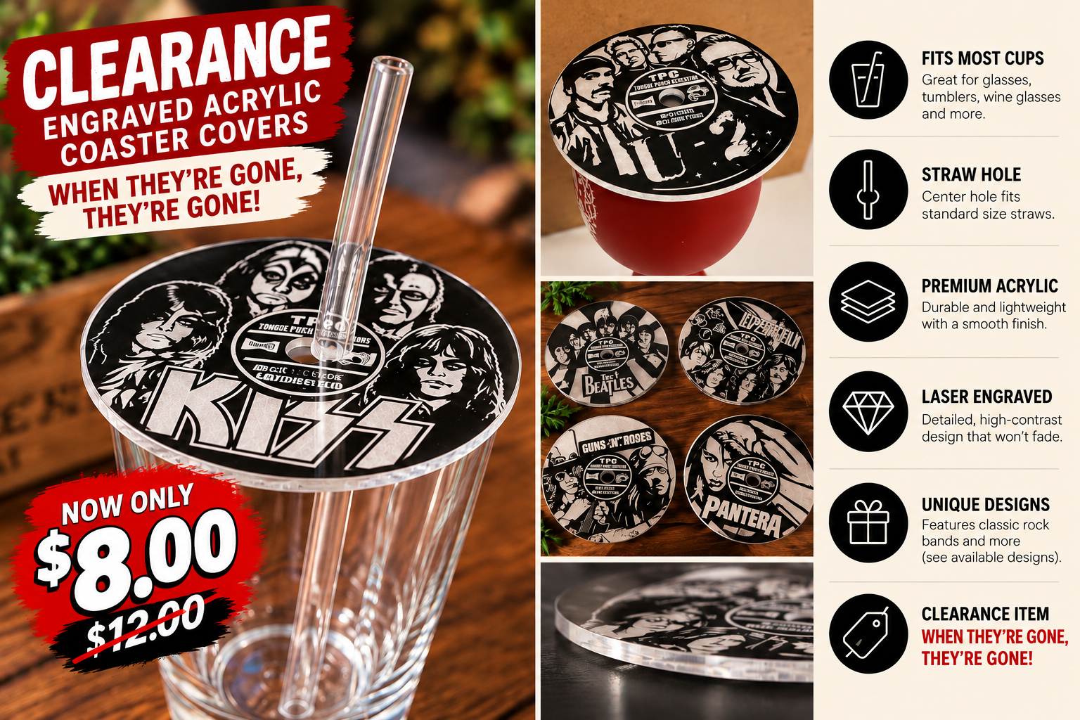 Rock & Roll Engraved Acrylic Drink Covers & Coasters – CLEARANCE