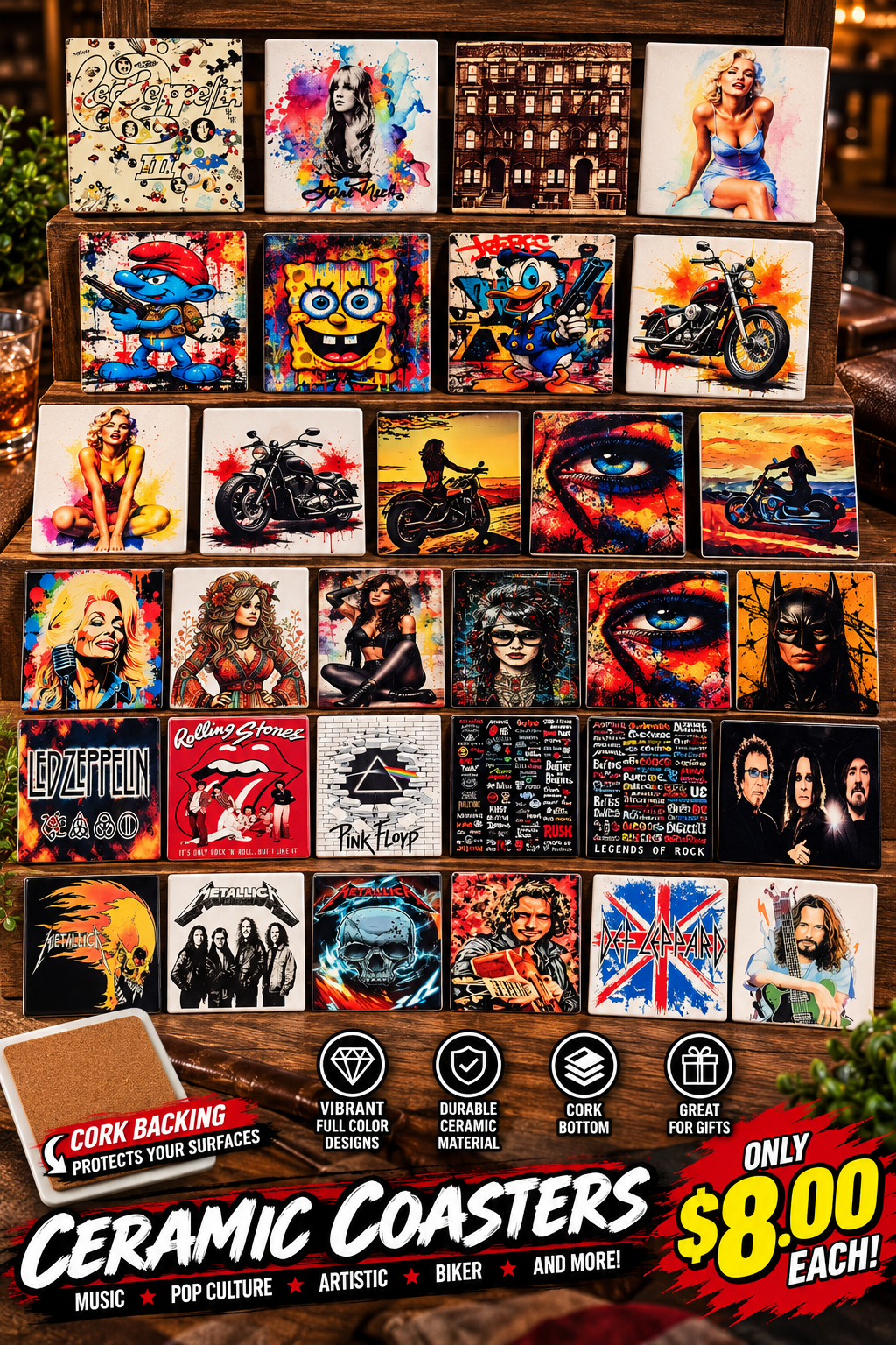 Vibrant Music-Themed Ceramic Coaster Display.png