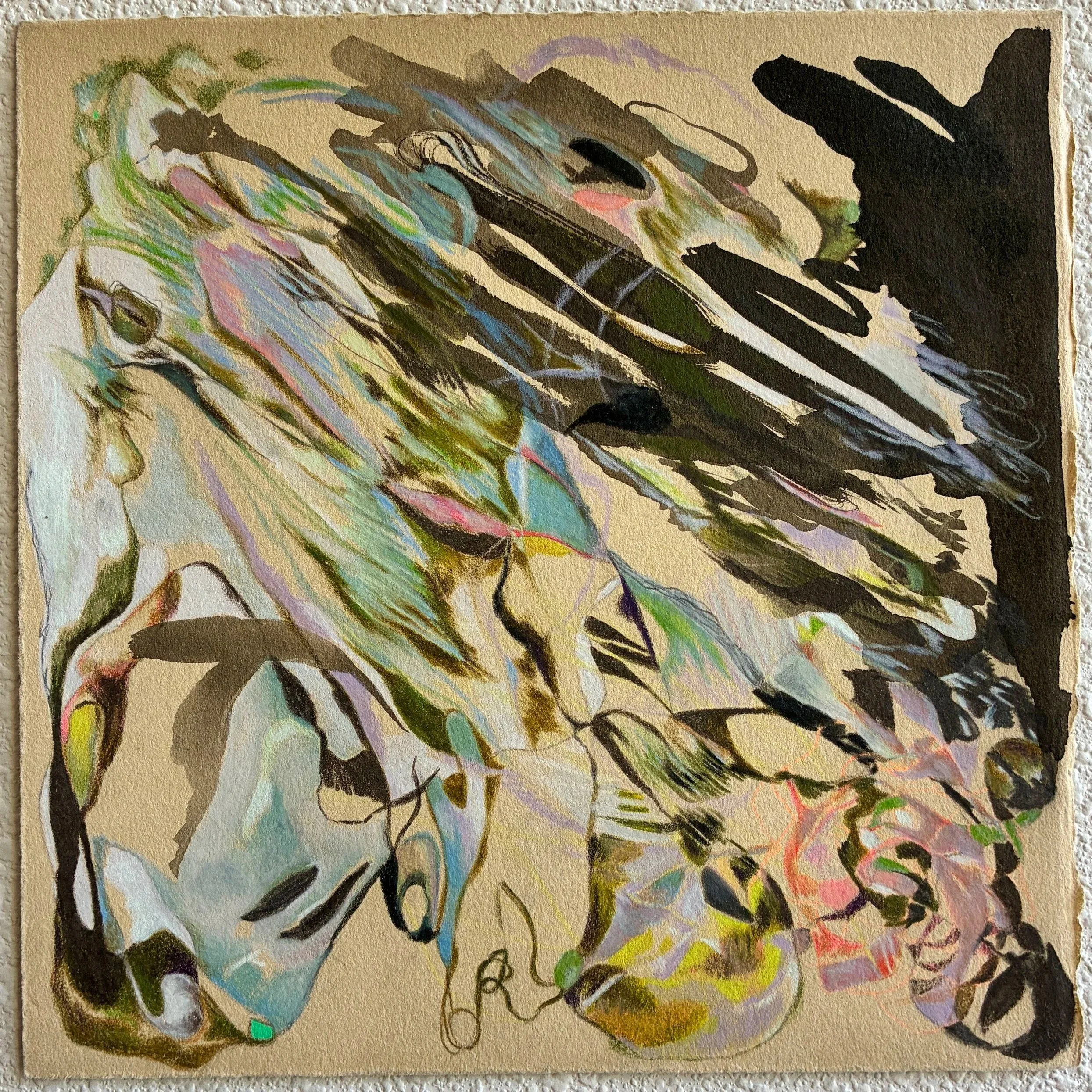 Abstract colorful drawing with black, green, pink, blue, and yellow lines and shapes on textured paper.