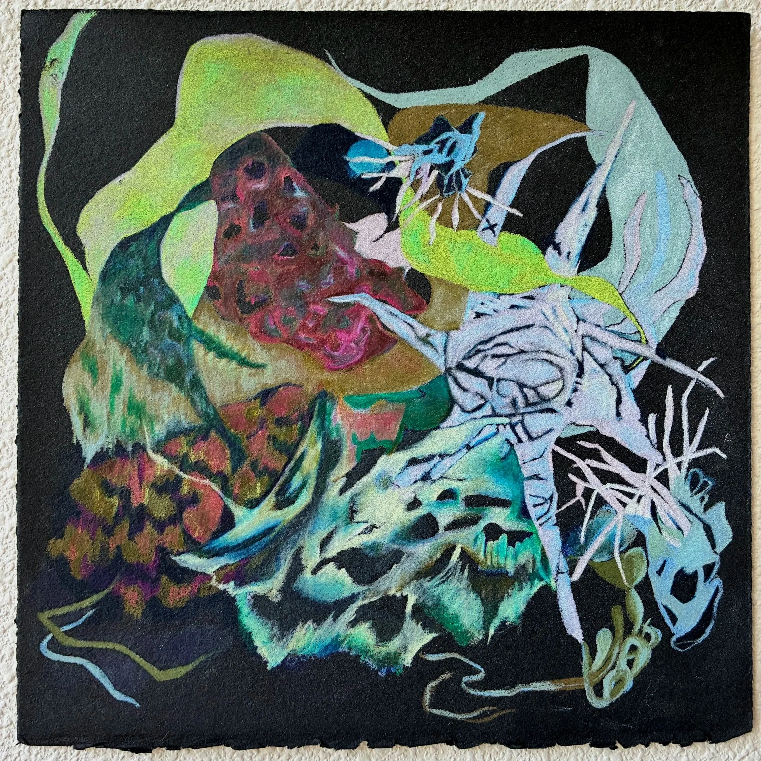 A colorful abstract painting with a dark background featuring a large, stylized thistle in the lower left area, surrounded by flowing lines and organic shapes in vibrant hues of green, pink, blue, and yellow.