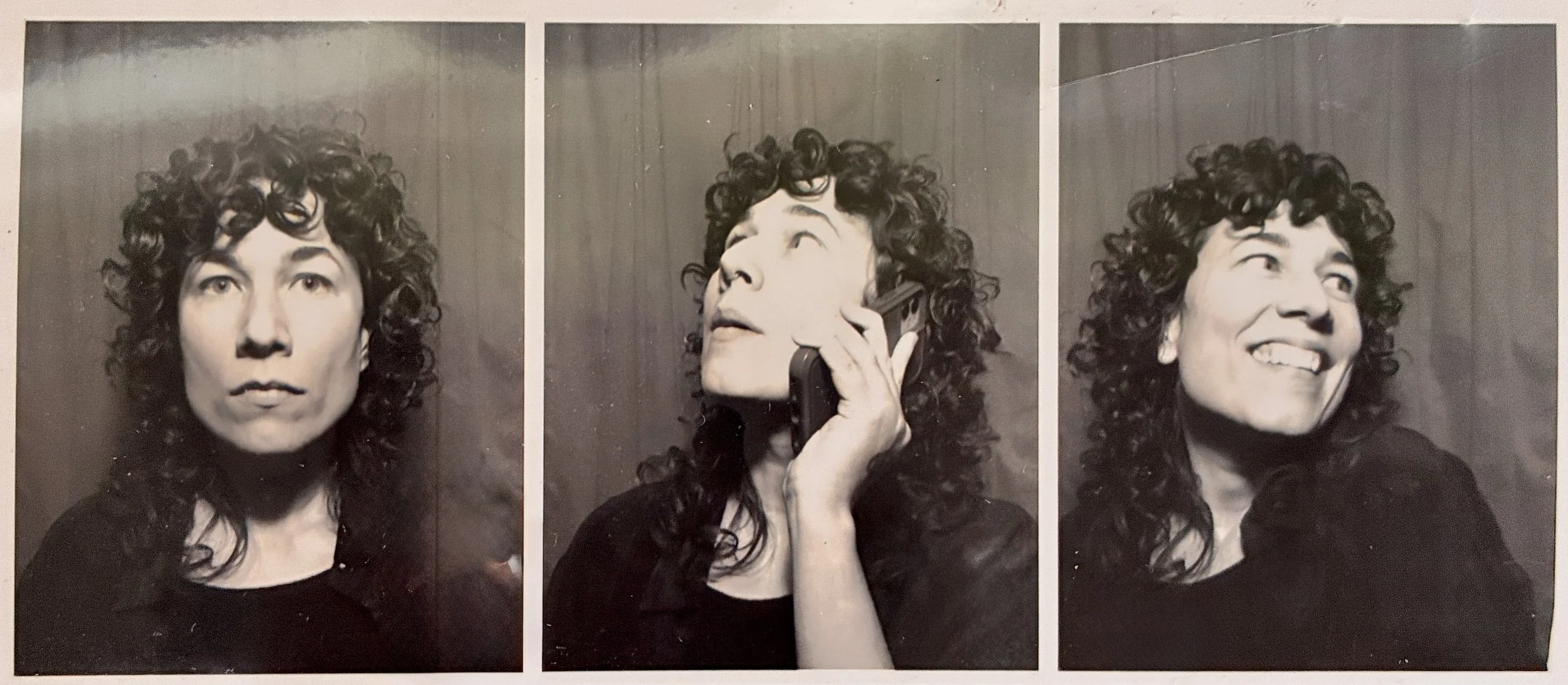 A black and white triptych of a woman with curly hair showing three different expressions: neutral, talking on a phone, and smiling.