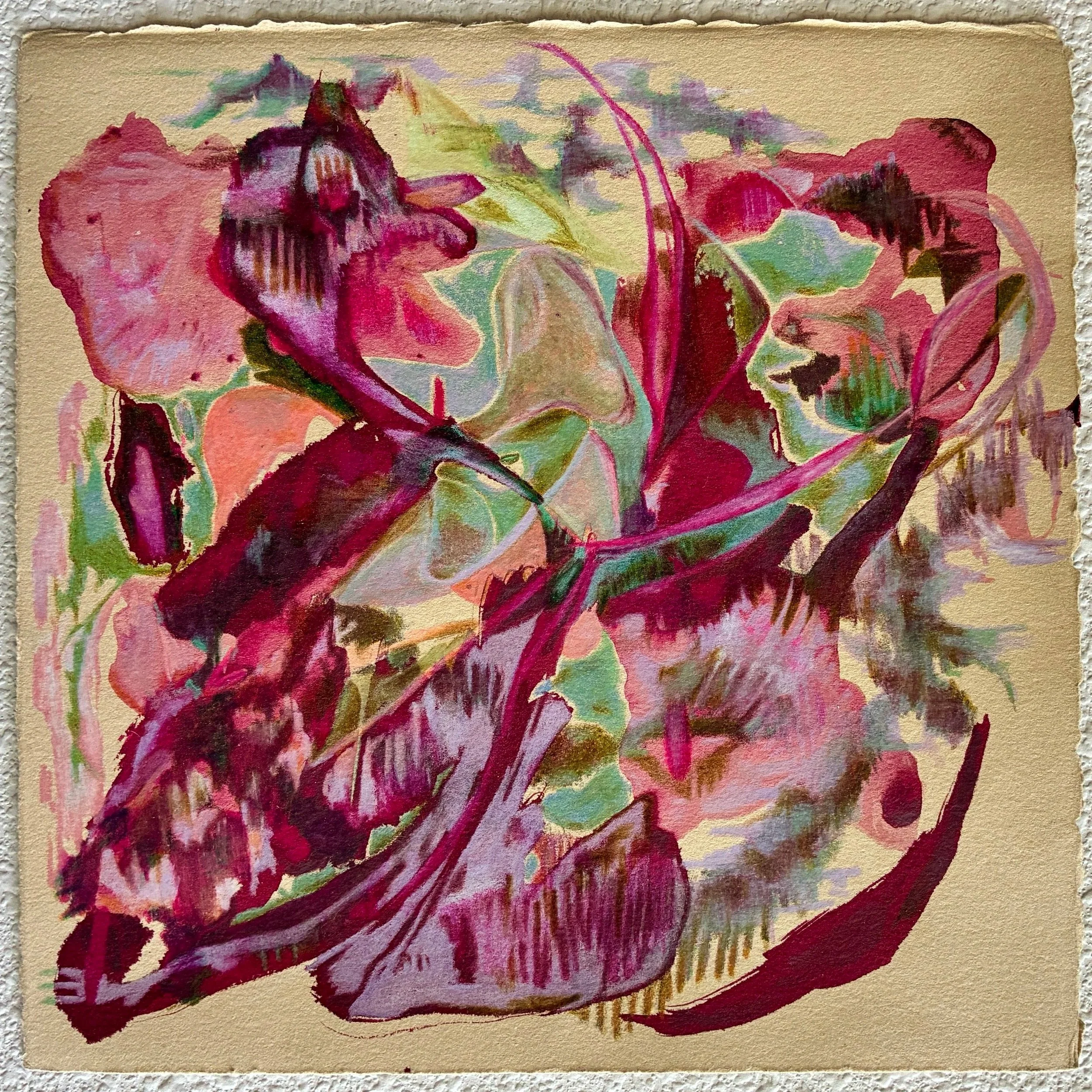 A colorful abstract painting featuring shades of pink, purple, green, and beige, with various shapes and brushstrokes on textured paper.