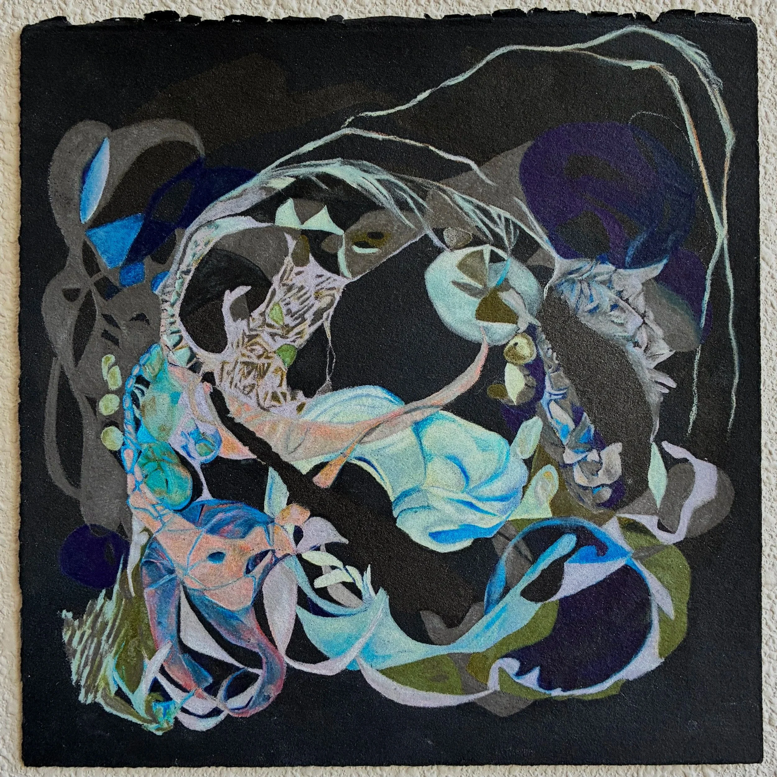 A colorful abstract painting featuring swirling lines and shapes in shades of blue, purple, pink, and green against a dark background.