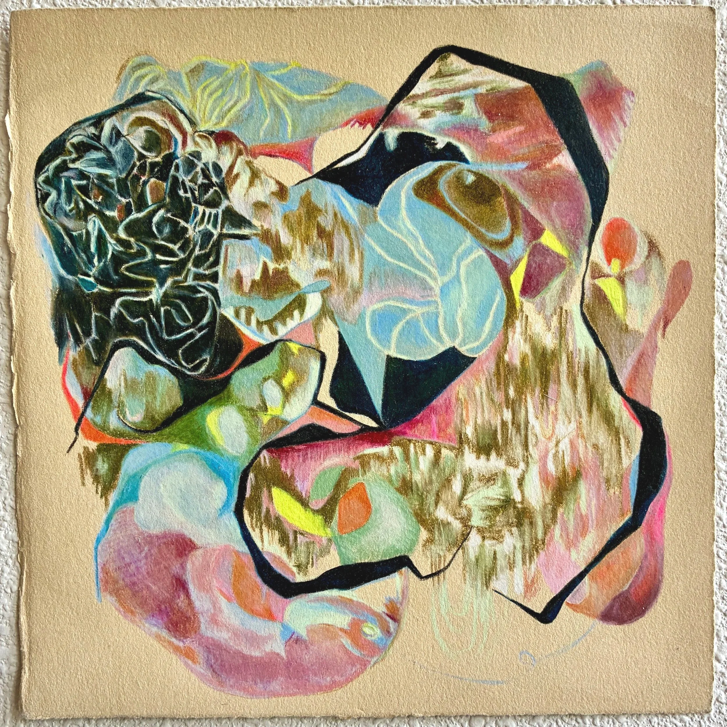 A colorful abstract drawing of a human face, with various vibrant colors and bold black outlines.