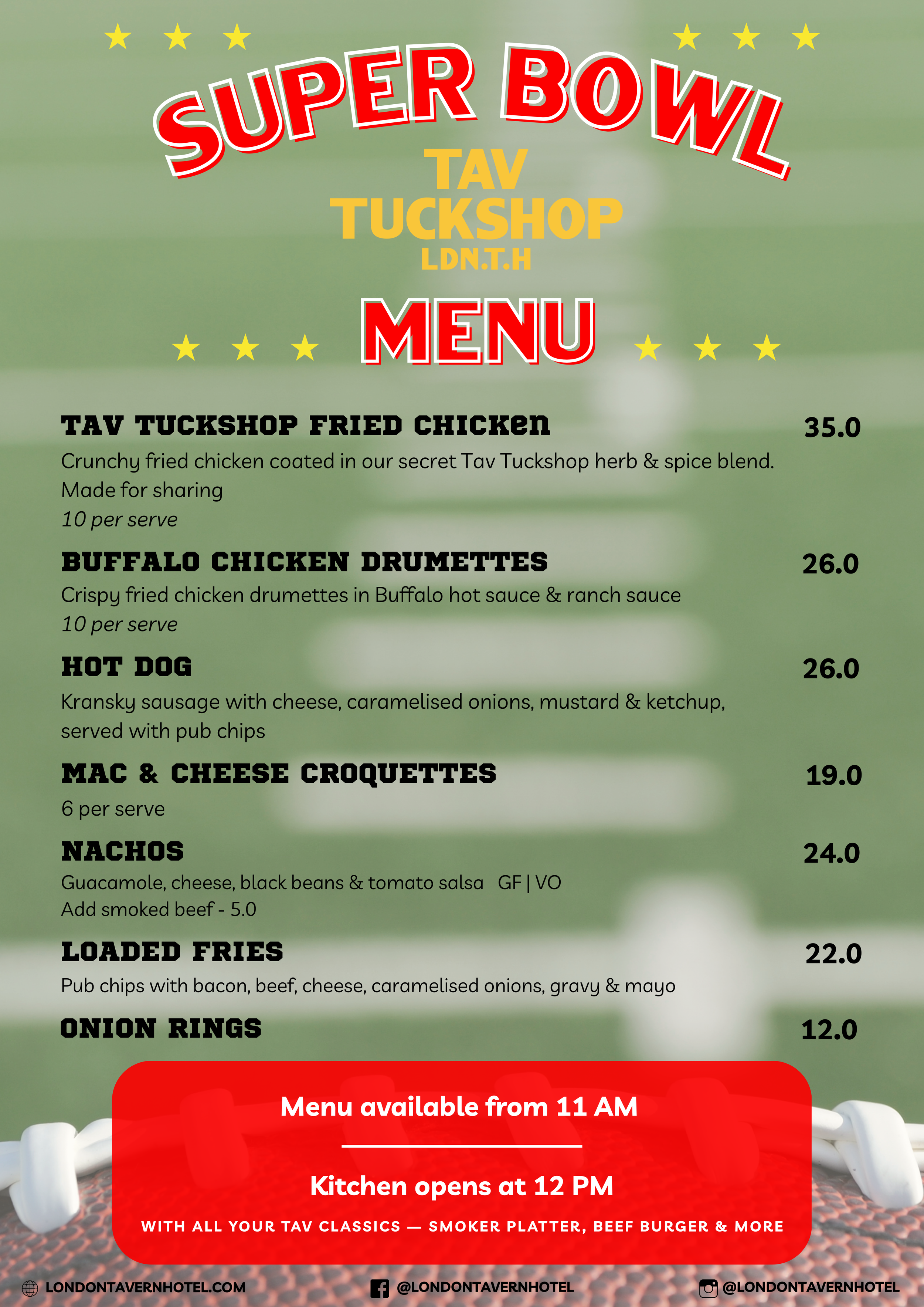 A menu for a Super Bowl event at Tav Tuckshop featuring dishes like fried chicken, buffalo chicken drumettes, hot dog, mac & cheese croquettes, nachos, loaded fries, and onion rings, with a note that the menu is available from 11 AM and the kitchen opens at 12 PM.
