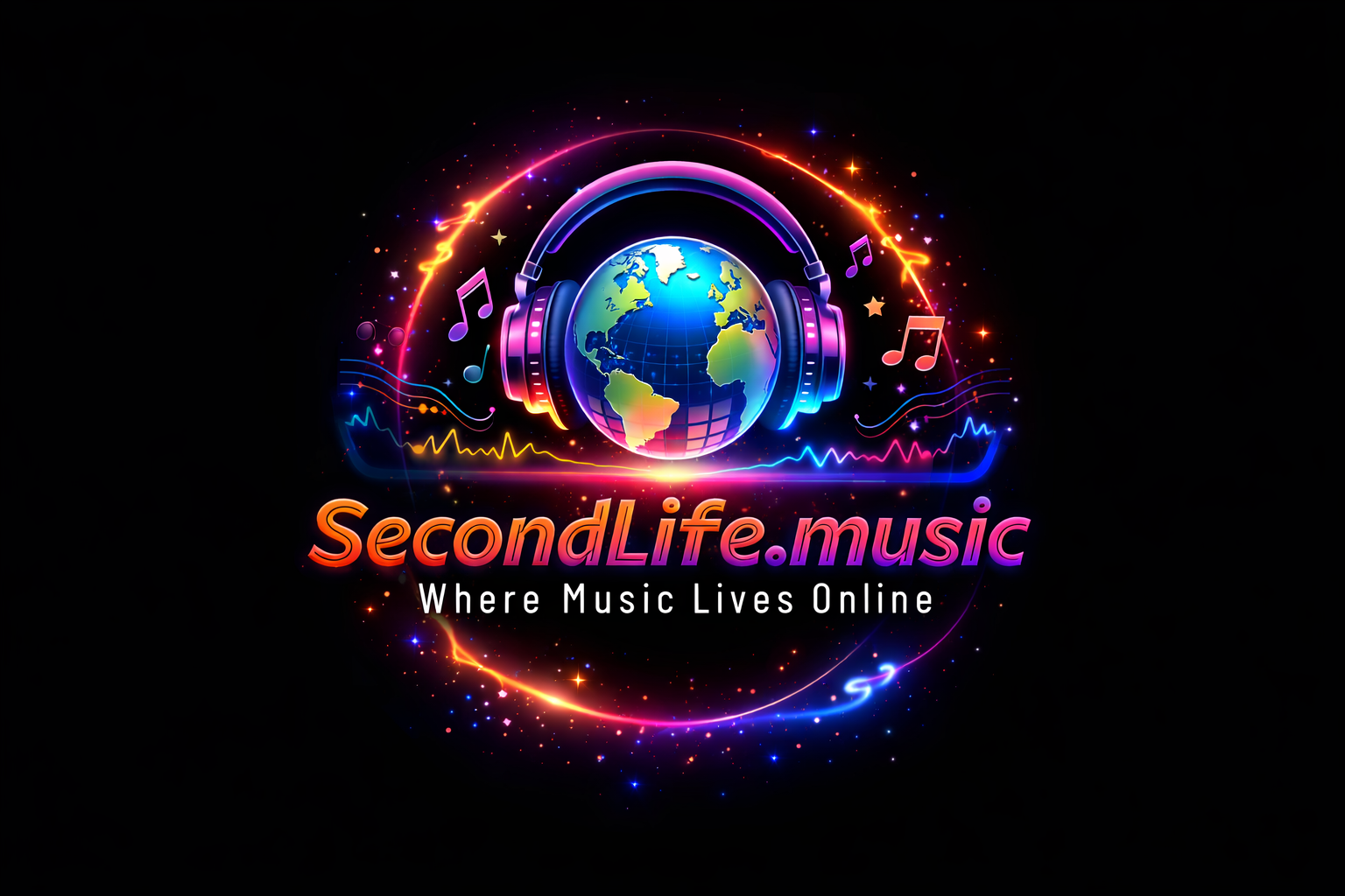 A digital graphic of a globe wearing headphones surrounded by colorful musical notes and sound waves, with the text 'SecondLife.music' and the tagline 'Where Music Lives Online'.