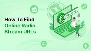Illustration of a person sitting with a laptop, showing how to find online radio stream URLs.