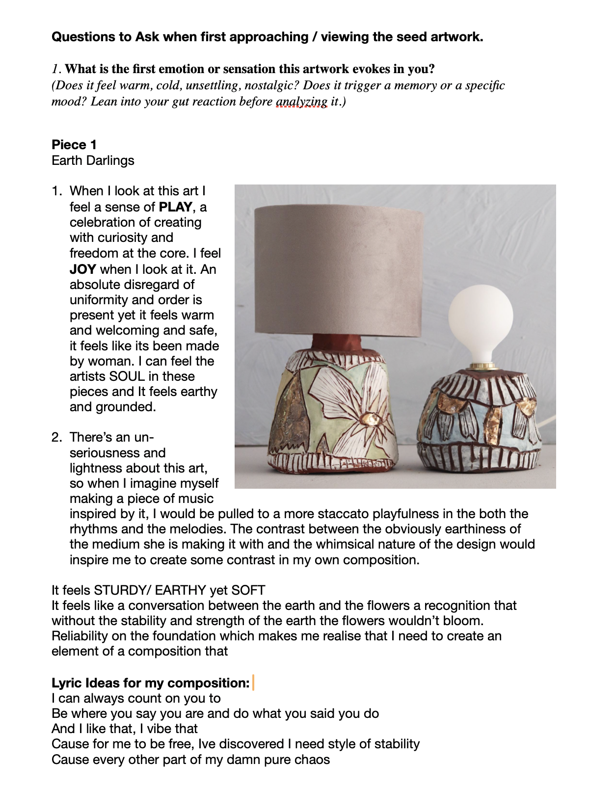 A page from an art critique or reflection, featuring a photograph of two ceramic sculptures resembling lamps with decorated bases, positioned on a flat surface. The text discusses emotional responses and inspiration behind the artwork.