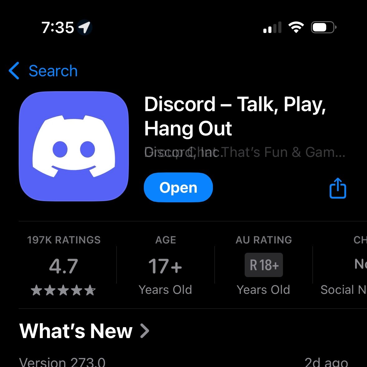 Screenshot of a mobile app store page for Discord, showing the app icon, name, and download button, with app ratings, age restriction, and new features section.