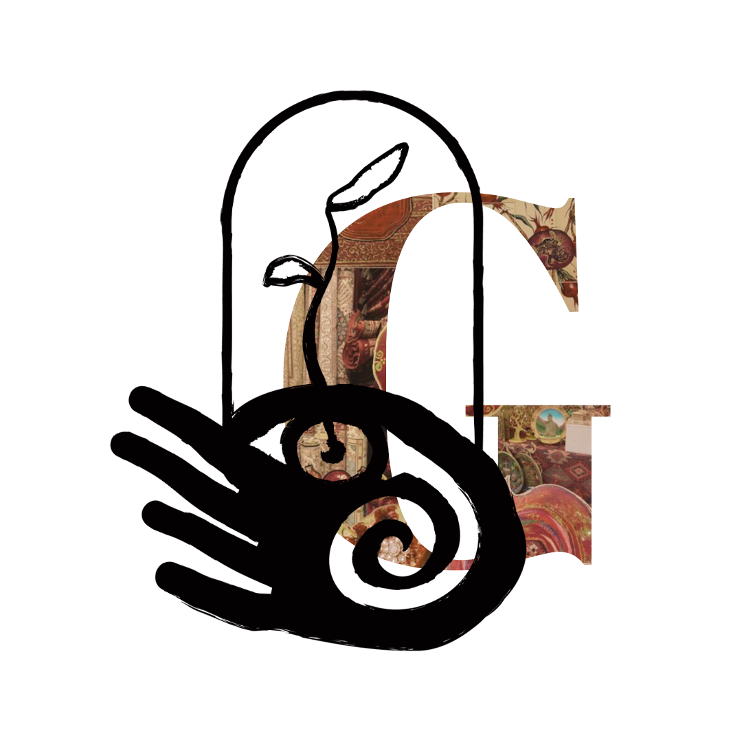 Decorative black swirl design over a collage of vintage and ornate room interior images with patterned textiles and paintings.