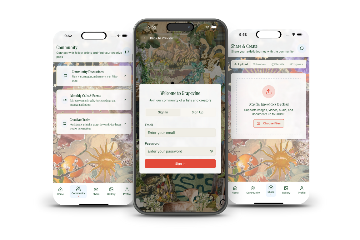 Screenshots of a mobile app showing community features for artists, including discussion forums, events, and a file upload page, with a central sign-in page for the Grapevine artist community.