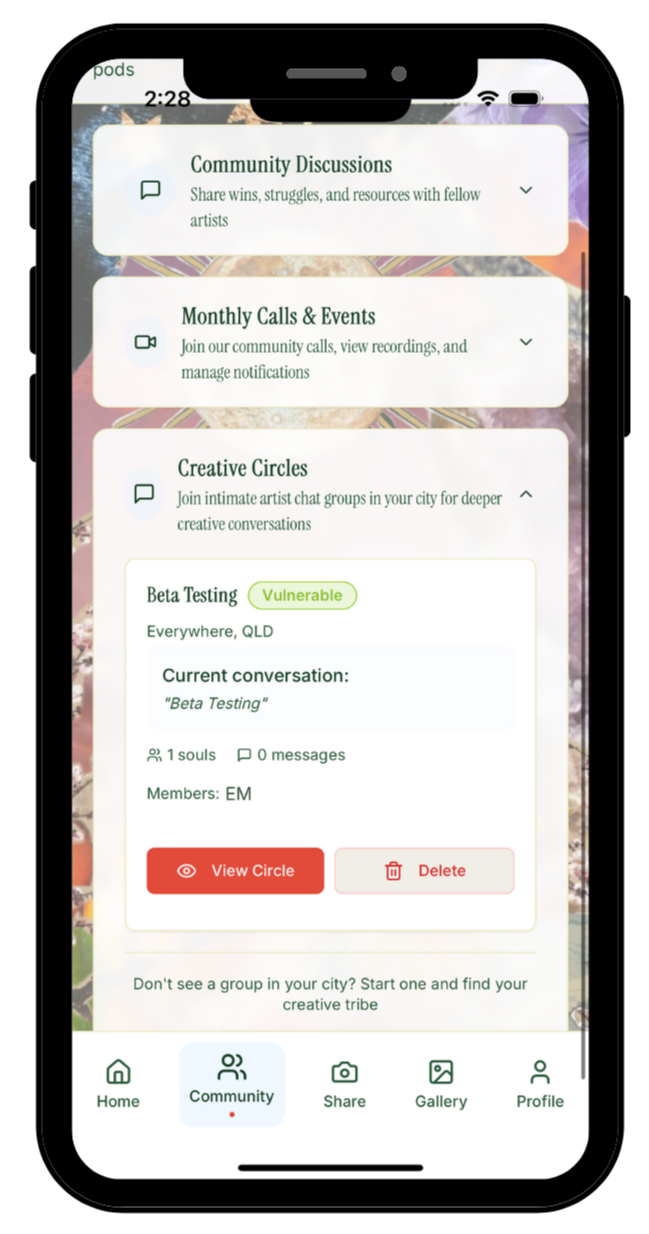 Screenshot of a mobile app displaying community discussion features, including 'Share wins, struggles, and resources', 'Join community calls and manage notifications', and 'Join artist chat groups'. The highlighted group is 'Beta Testing', labeled as 'Vulnerable', with current conversation titled 'Beta Testing'. There are options to view or delete the circle. Navigation icons at the bottom include Home, Community, Share, Gallery, and Profile.