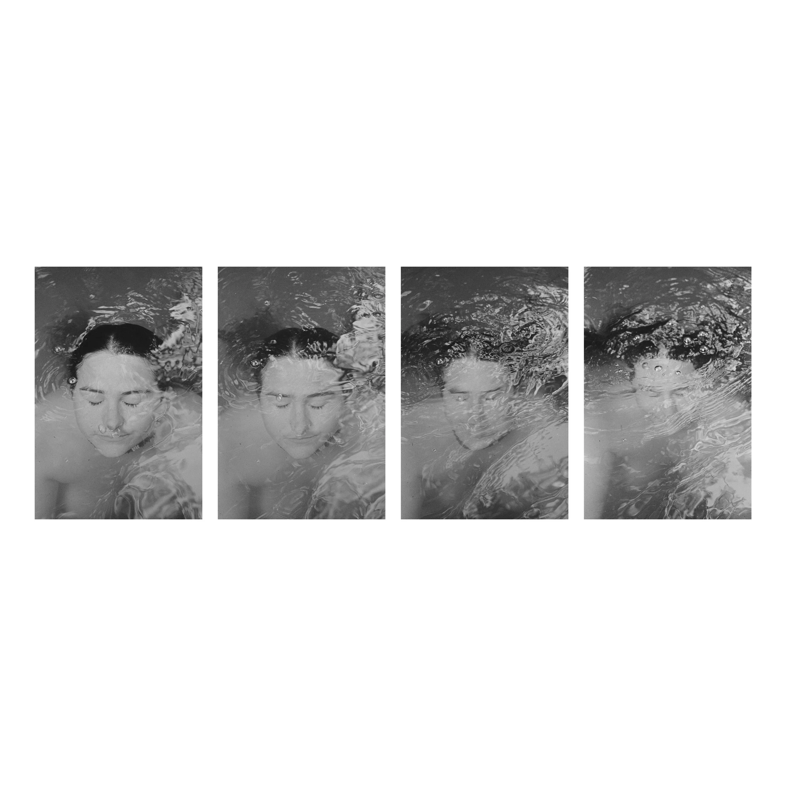 Series of four black and white photos of a woman with closed eyes underwater, capturing different angles of her face and hair.