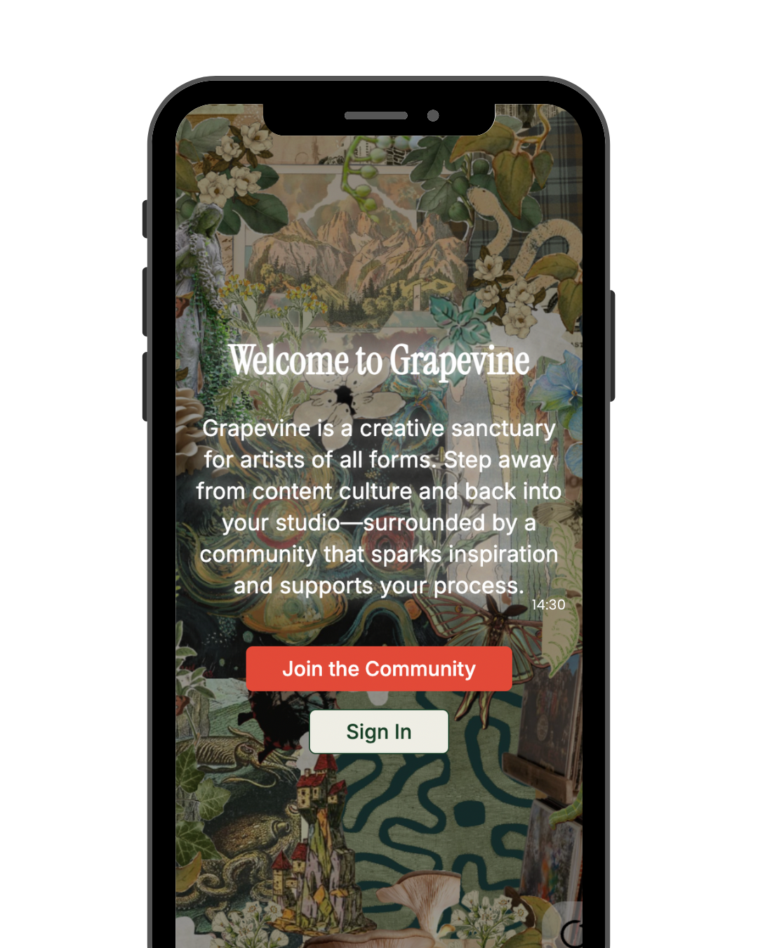 Mobile app welcome screen with the title "Welcome to Grapevine" and a description about a creative sanctuary for artists, with options to join the community or sign in. The background features an artistic collage of nature and artistic motifs.