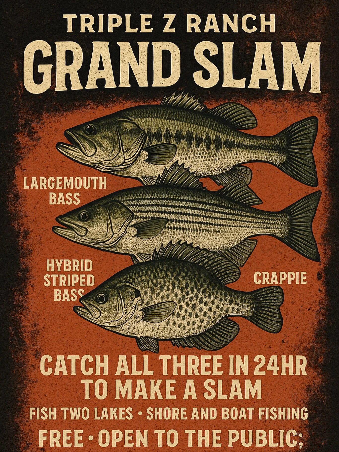 🎣 Think you’ve got what it takes?
Catch a Largemouth Bass, Hybrid Bass & Crappie all within 24hrs to claim the Triple Z Ranch Grand Slam! 🏆
✅ 2 lakes
✅ Boat & shoreline fishing
✅ Open to the public — FREE (donations appreciated)