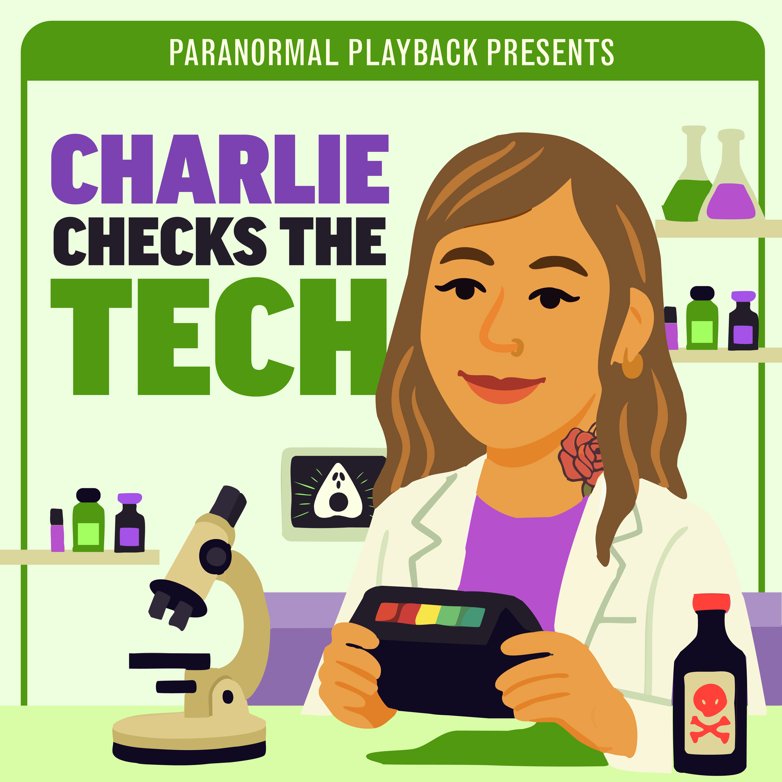 Cartoon of Charlie in a lab coat testing paranormal ghost-hunting equipment for the Char Checks the Tech podcast segment