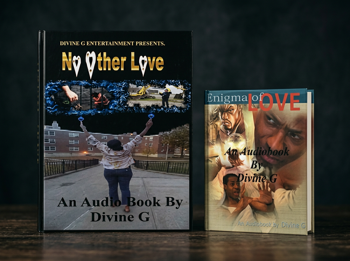 Two books titled 'No Other Love' and 'Enigma of Love' by Divine G. The larger book features a person with their back to the camera, raising their arms in a joyful gesture outdoors with a background of buildings and trees. The smaller book features collaged images of people's faces and hands, with the title in large red and white text.