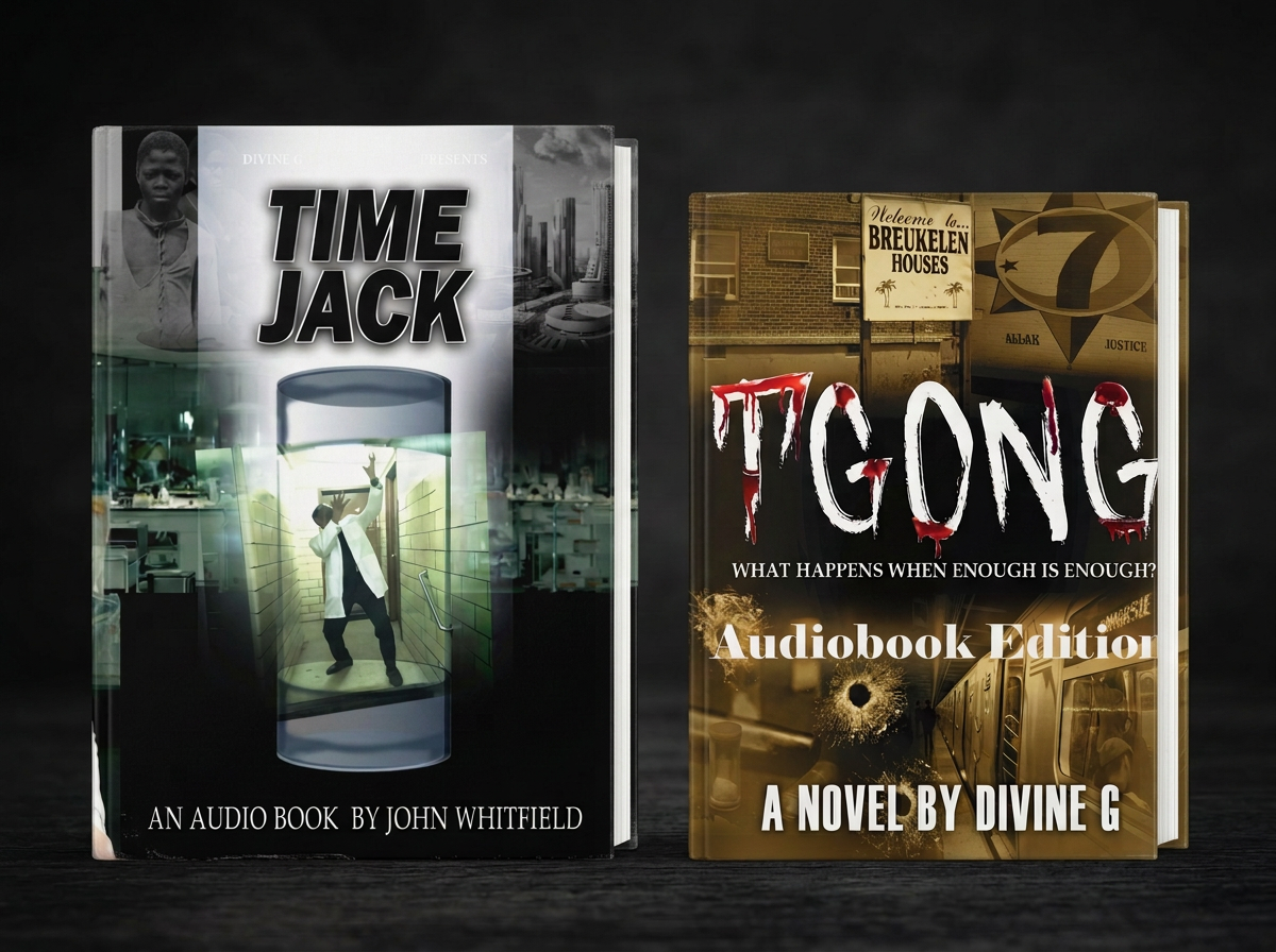Two audiobooks, 'Time Jack' by John Whitfield and 'Tgong' by Divine G, displayed side by side with dark backgrounds and book covers showing various images and text.
