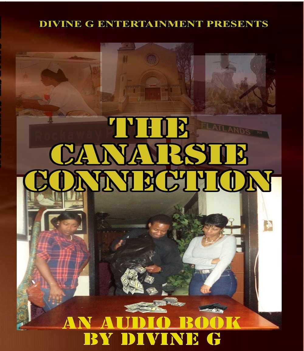 Book cover titled "The Canarsie Connection" by Divine G with images of a church, children playing, a woman reading, and three women with money on a table.