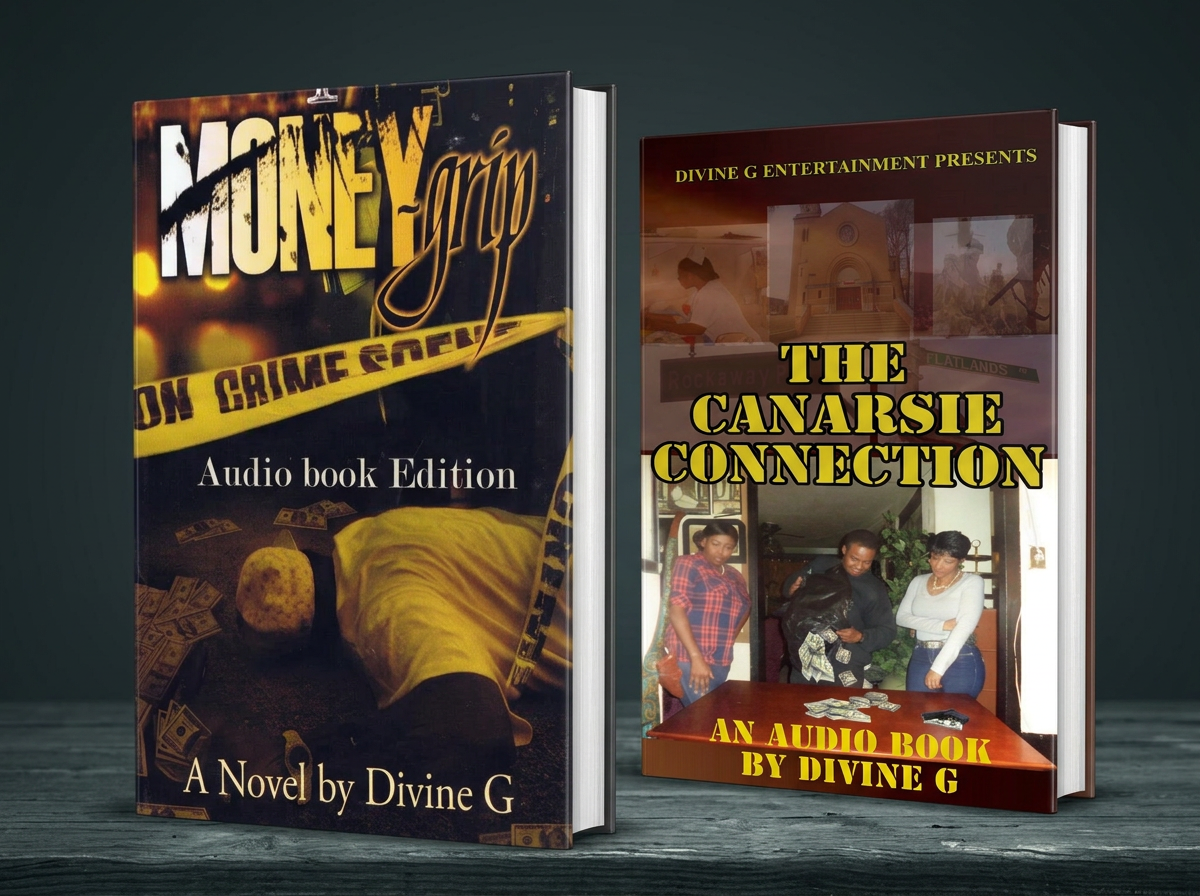 Two books standing upright on a wooden surface. The left book titled "Money Trip" with a subtitle "Audio book Edition" and "A Novel by Divine G" featuring a cover image of a person lying on the ground with money around them. The right book titled "The Canarsie Connection" with a subtitle "An Audio Book by Divine G" showing a cover photo of three people inside a room, with images of a church and other scenes in the background.