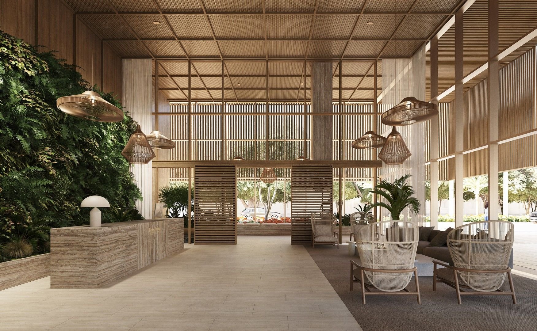 Modern hotel lobby with a vertical garden, wooden decor, large pendant lights, seating area, and glass doors leading outside.