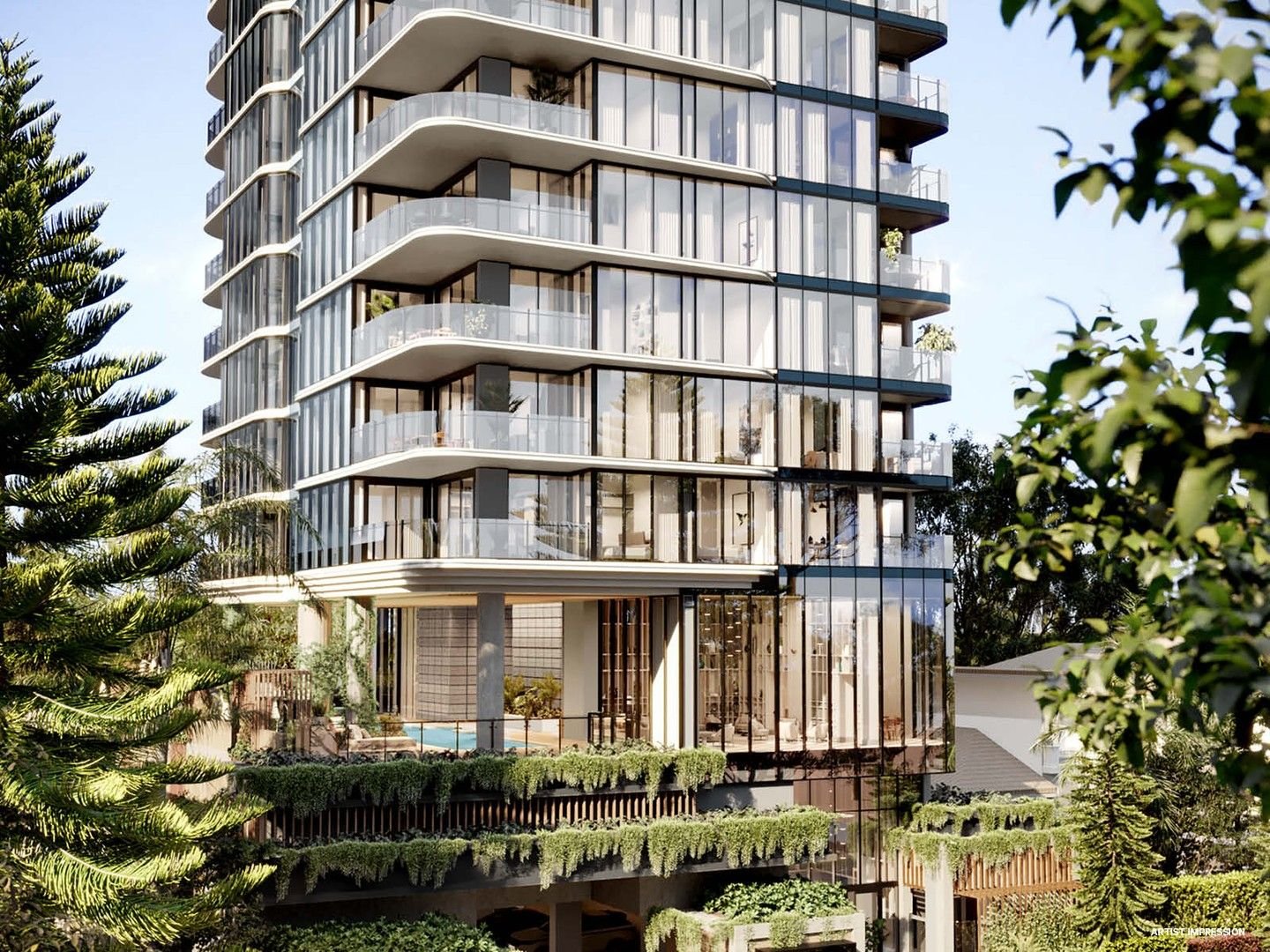 Modern glass apartment building with balconies surrounded by greenery and trees.
