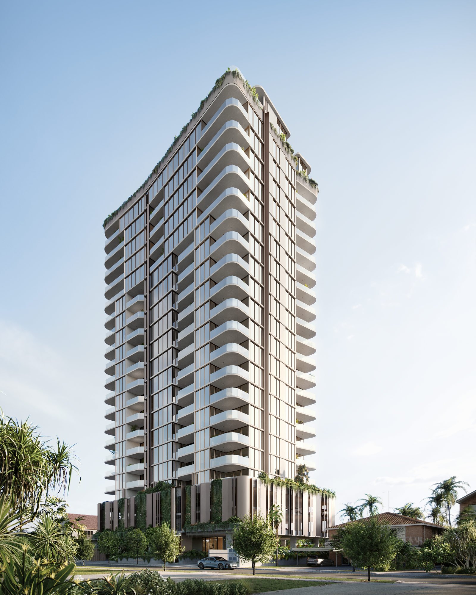 Modern high-rise building with balconies, featuring greenery on terraces, against a clear sky.