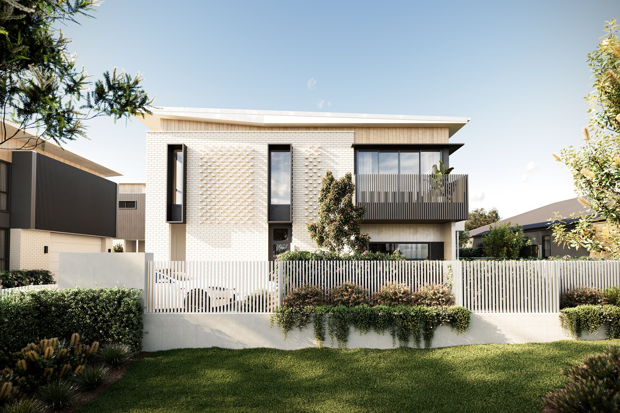 Modern two-story house with white brick exterior, large windows, balcony, and landscaped garden; surrounded by a white picket fence.