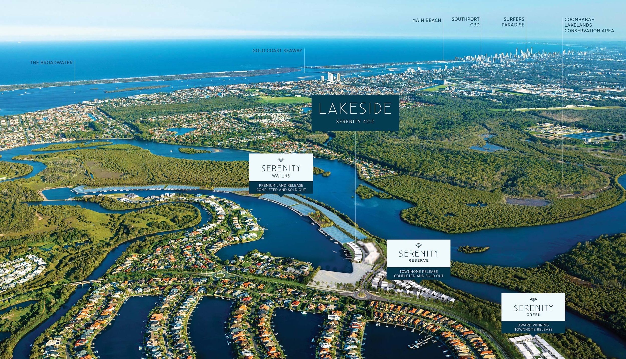 Aerial view of a coastal residential area with canals, labeled locations including Serenity Waters, Serenity Reserve, and Serenity Green, surrounded by green landscapes, with distant city skyline and ocean visible.